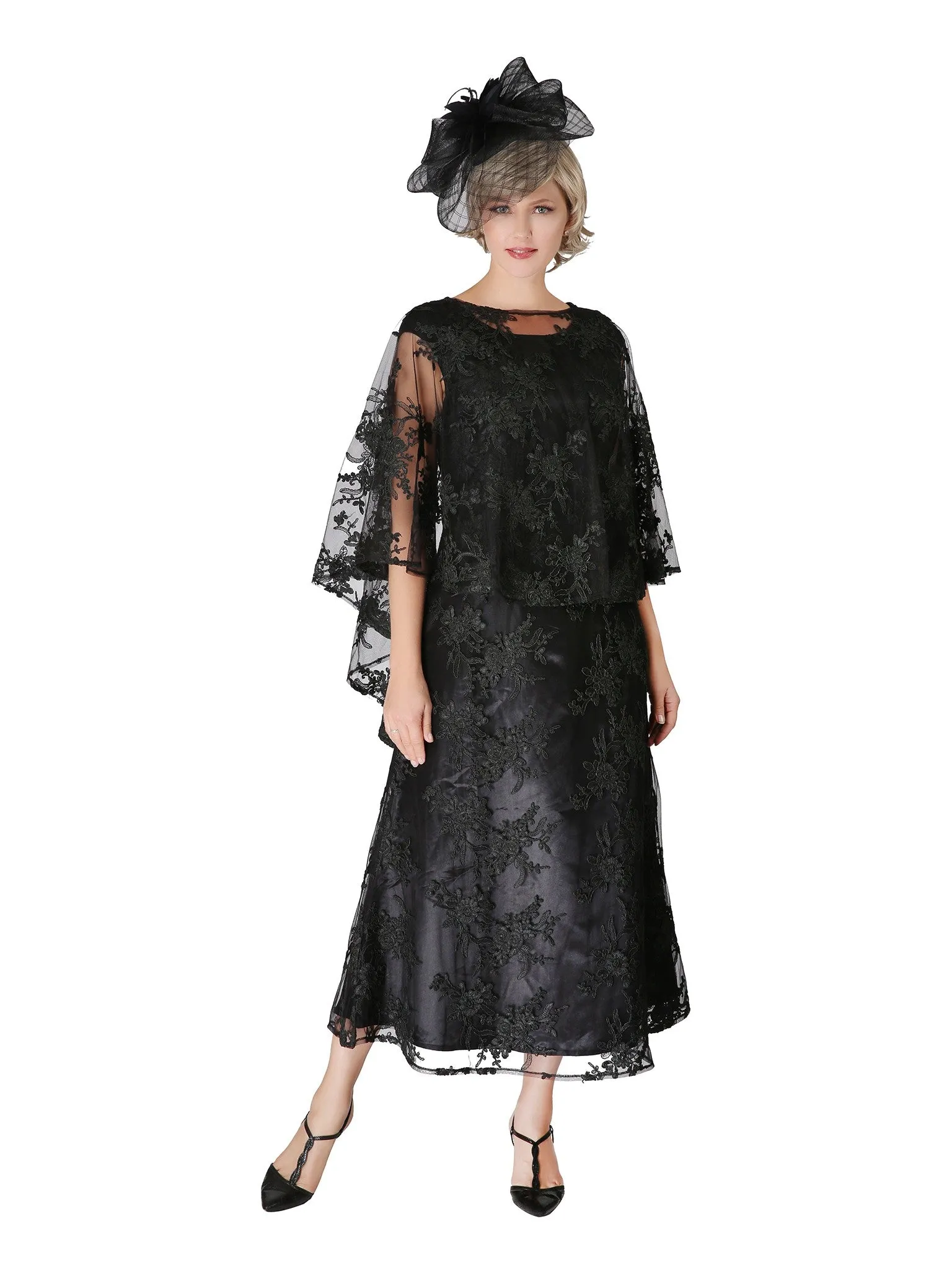 2pc Lace Dress & Hi-Lo Pull Over Lace Cape - Plus size