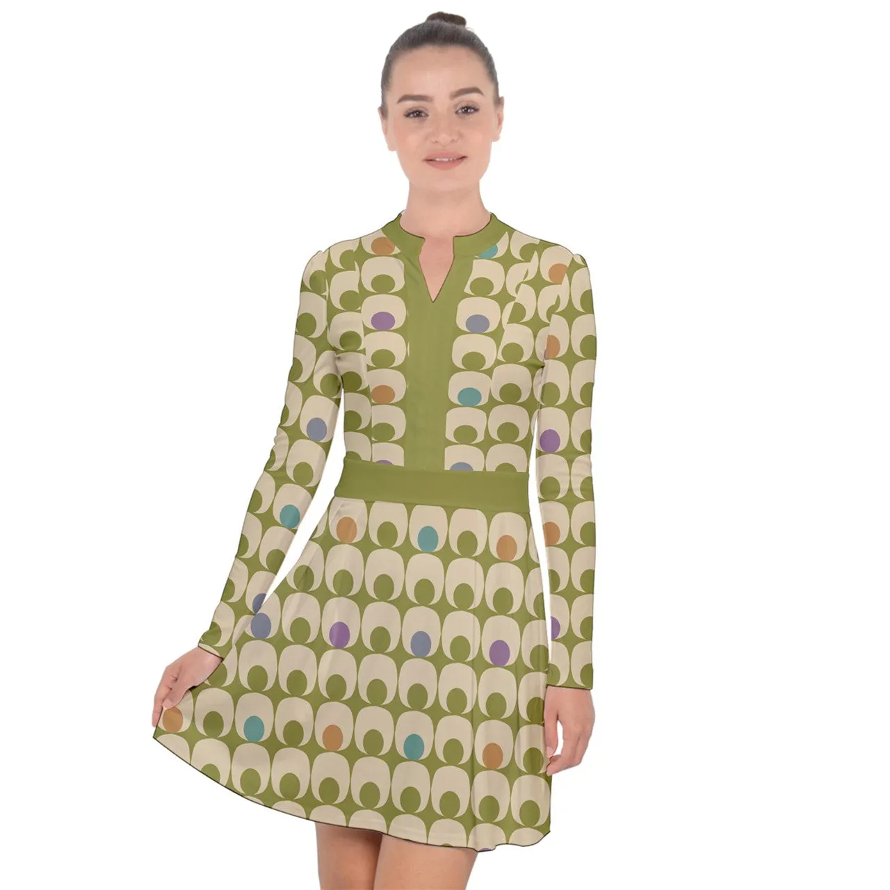 60s Mod Mini Dress | Vintage Olive Green A-Line Dress | Retro Geometric Print Go-Go Dress