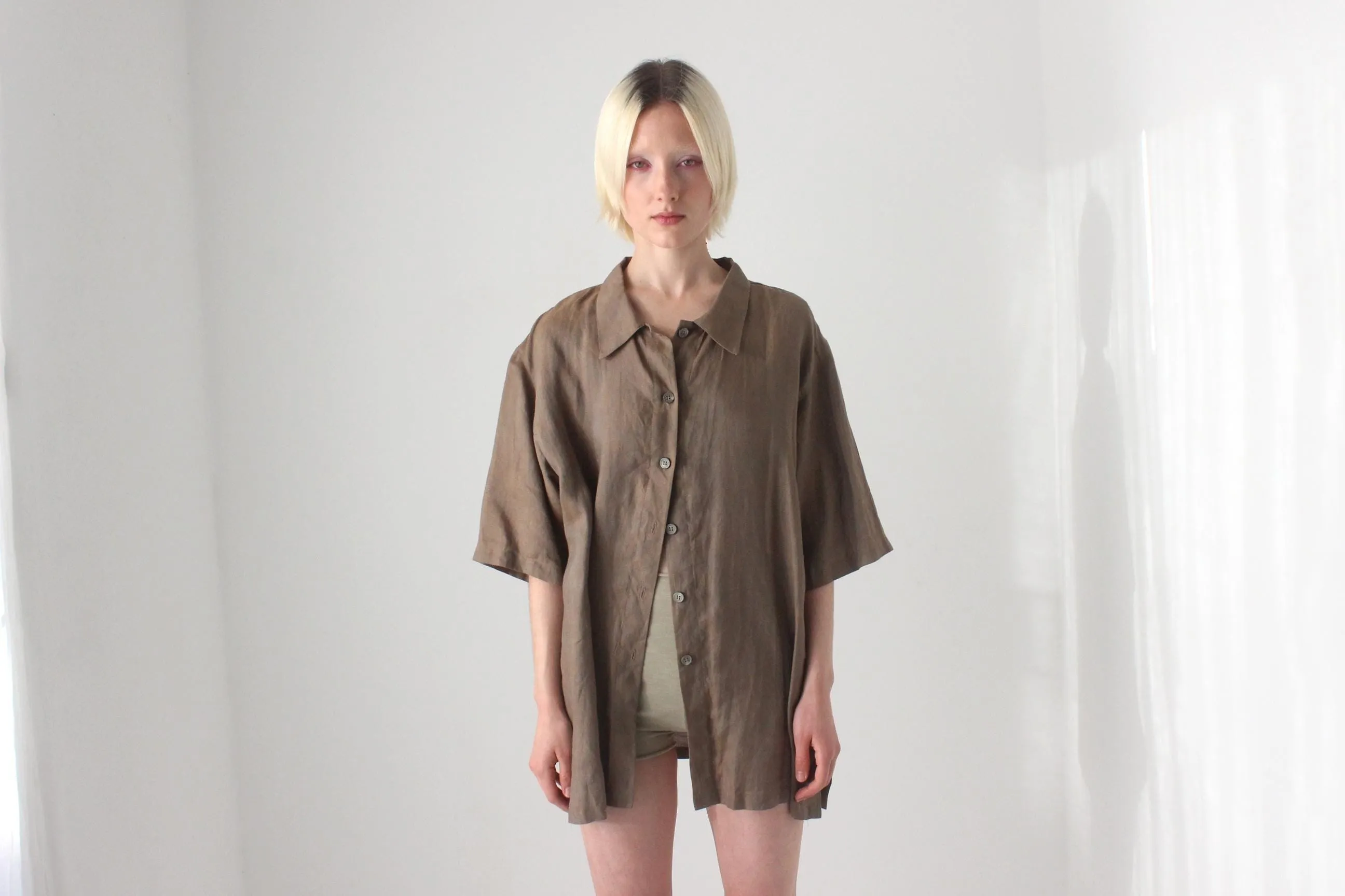 90s Italian Linen Boxy Short Sleeve Button Up Shirt