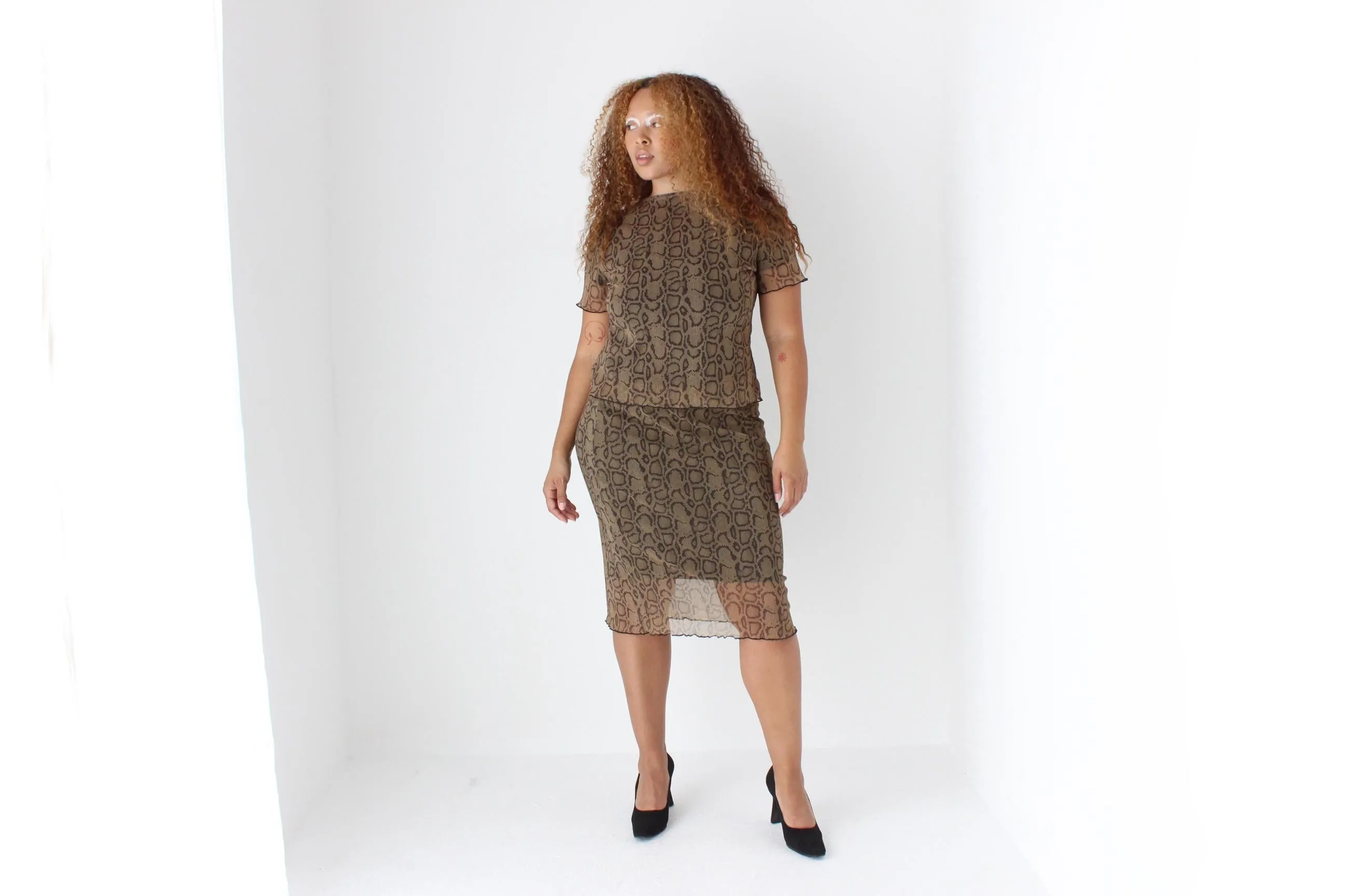 90s Python Print Mesh Two Piece Top & Skirt Set