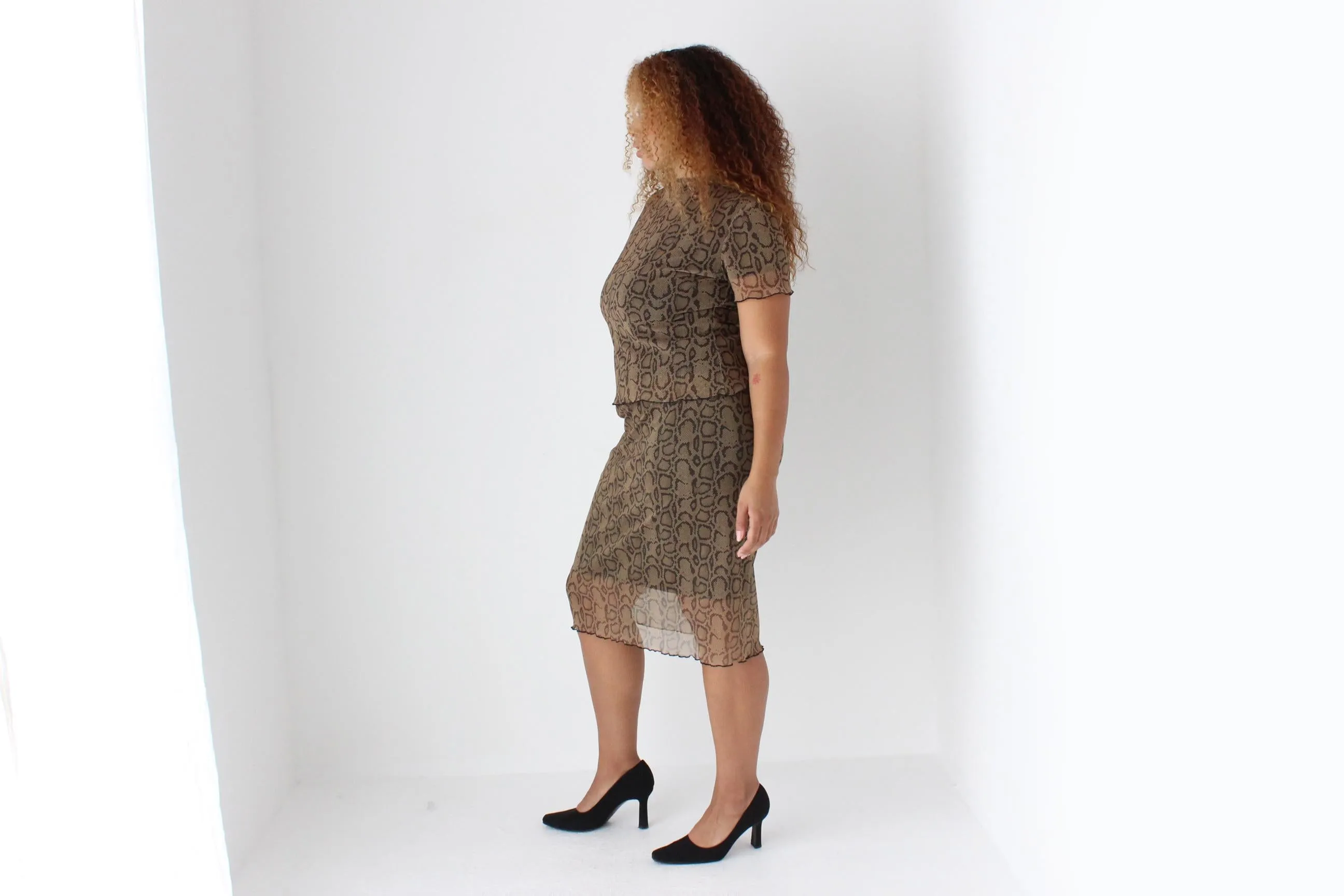 90s Python Print Mesh Two Piece Top & Skirt Set