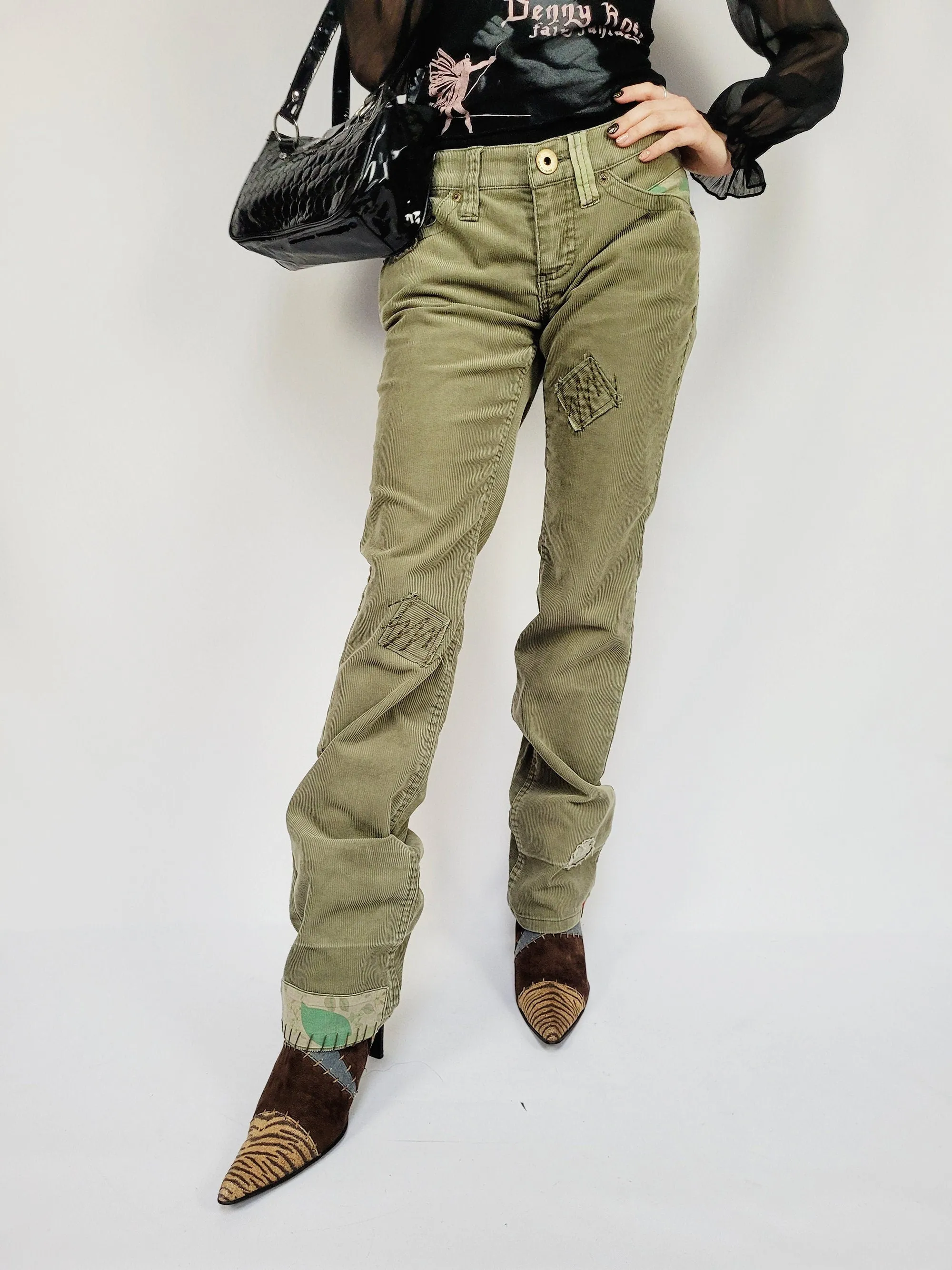 90s retro esprit olive green corduroy low waist flare pants