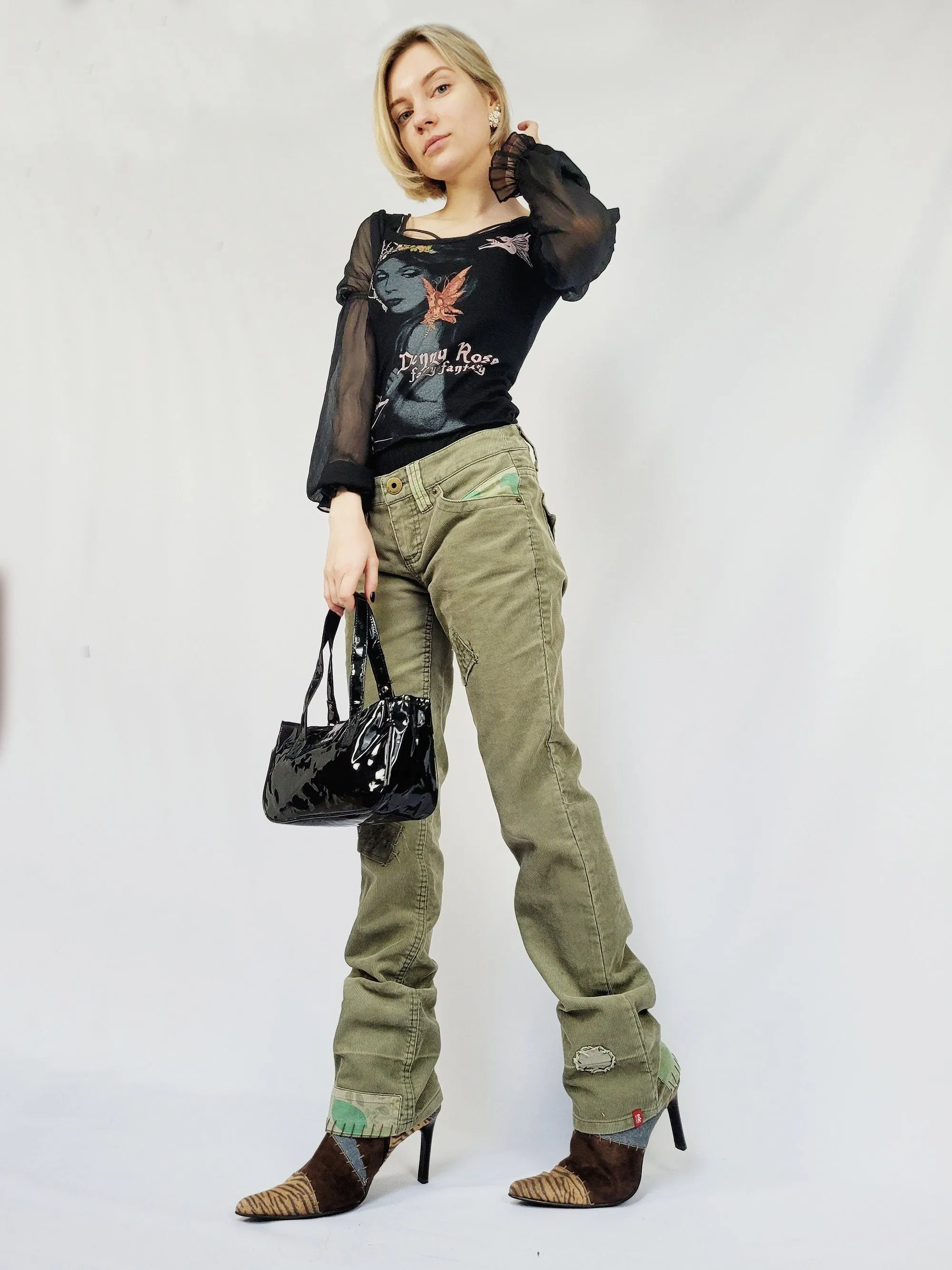 90s retro esprit olive green corduroy low waist flare pants