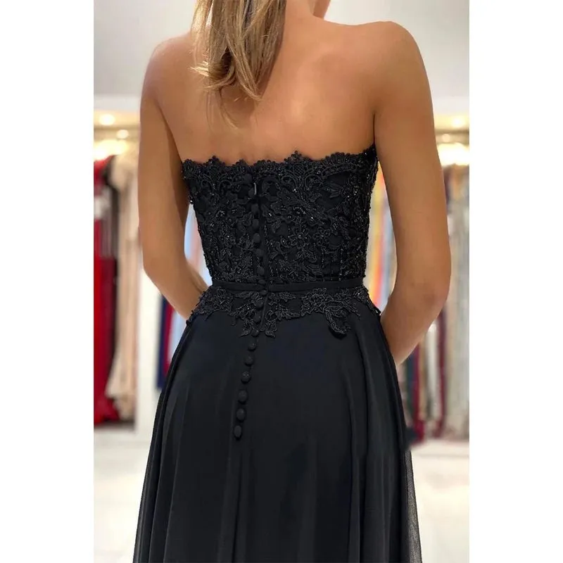 A-line Sweetheart Lace Appliques High Split Chiffon Black Formal Evening Dress