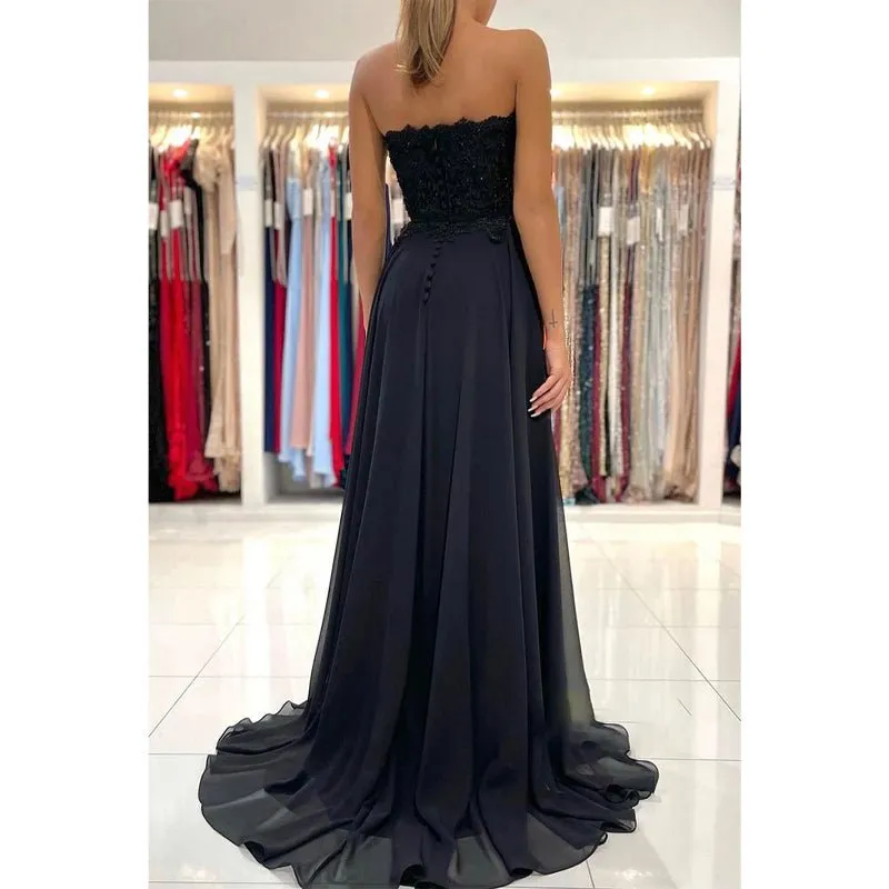 A-line Sweetheart Lace Appliques High Split Chiffon Black Formal Evening Dress