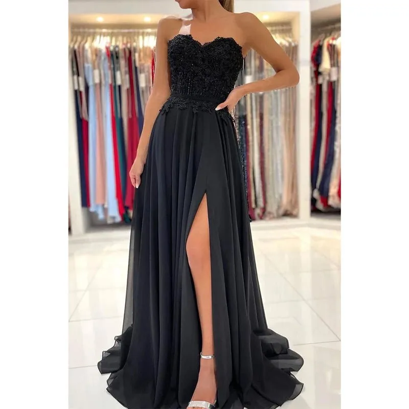 A-line Sweetheart Lace Appliques High Split Chiffon Black Formal Evening Dress