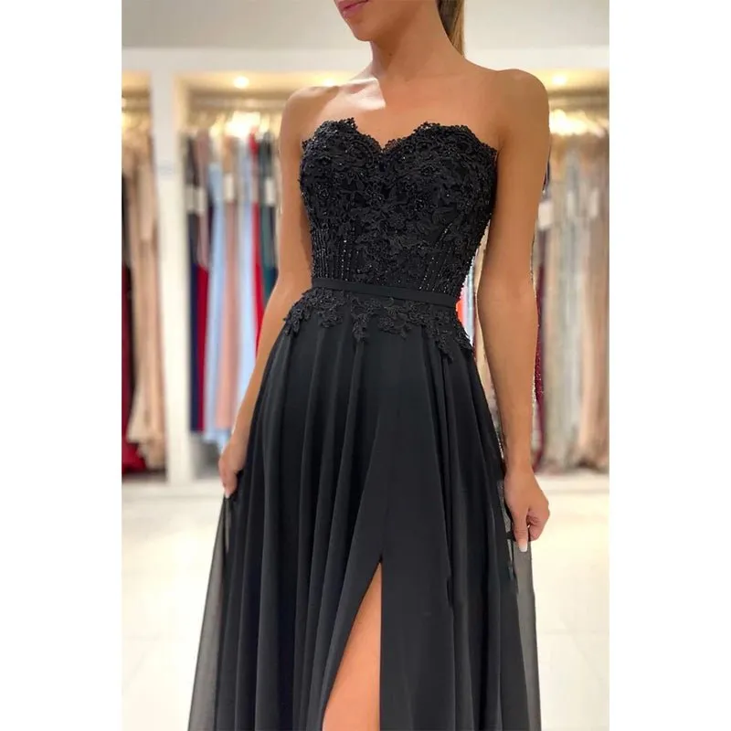 A-line Sweetheart Lace Appliques High Split Chiffon Black Formal Evening Dress