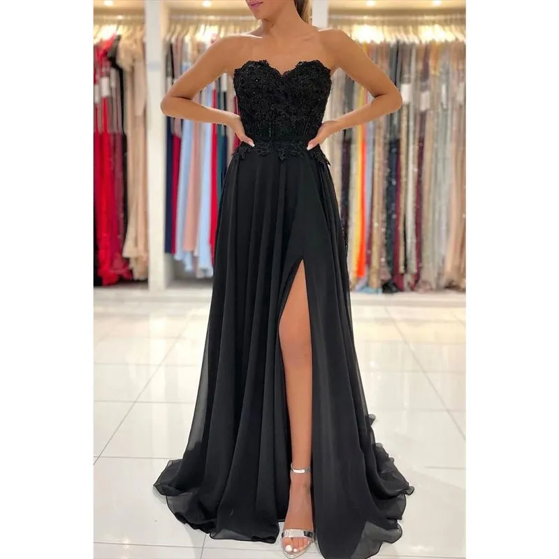 A-line Sweetheart Lace Appliques High Split Chiffon Black Formal Evening Dress