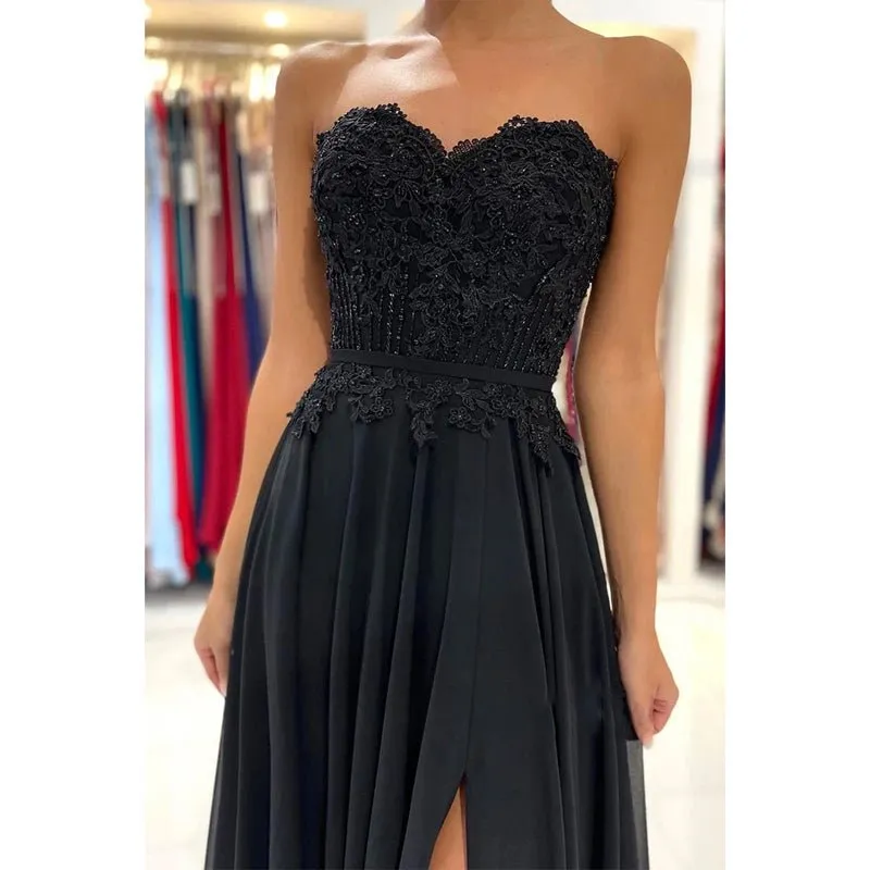 A-line Sweetheart Lace Appliques High Split Chiffon Black Formal Evening Dress