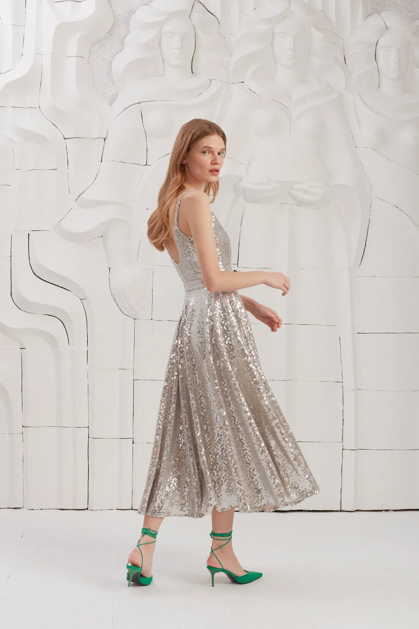 ADINA silver sequin midi dress