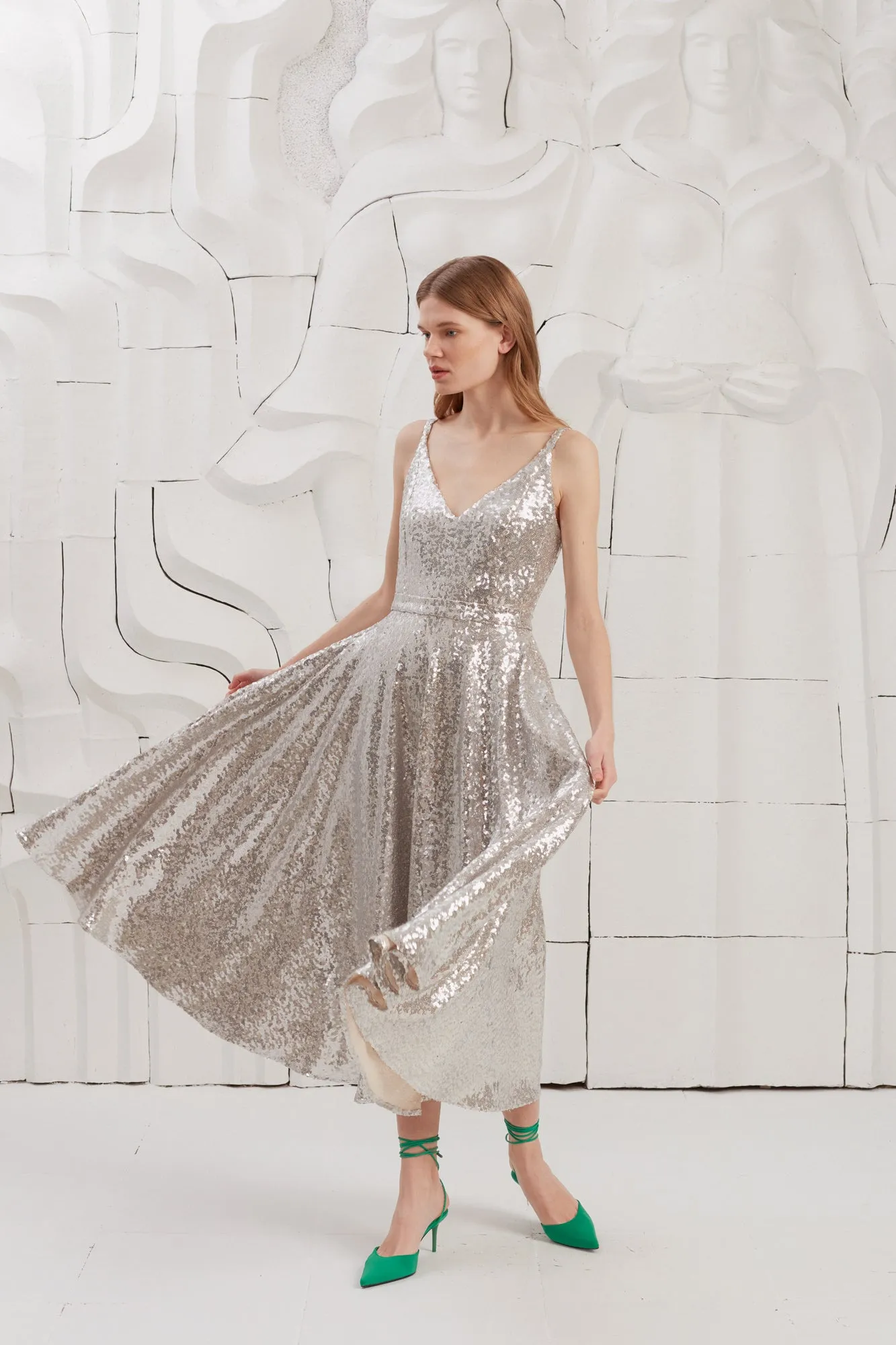 ADINA silver sequin midi dress