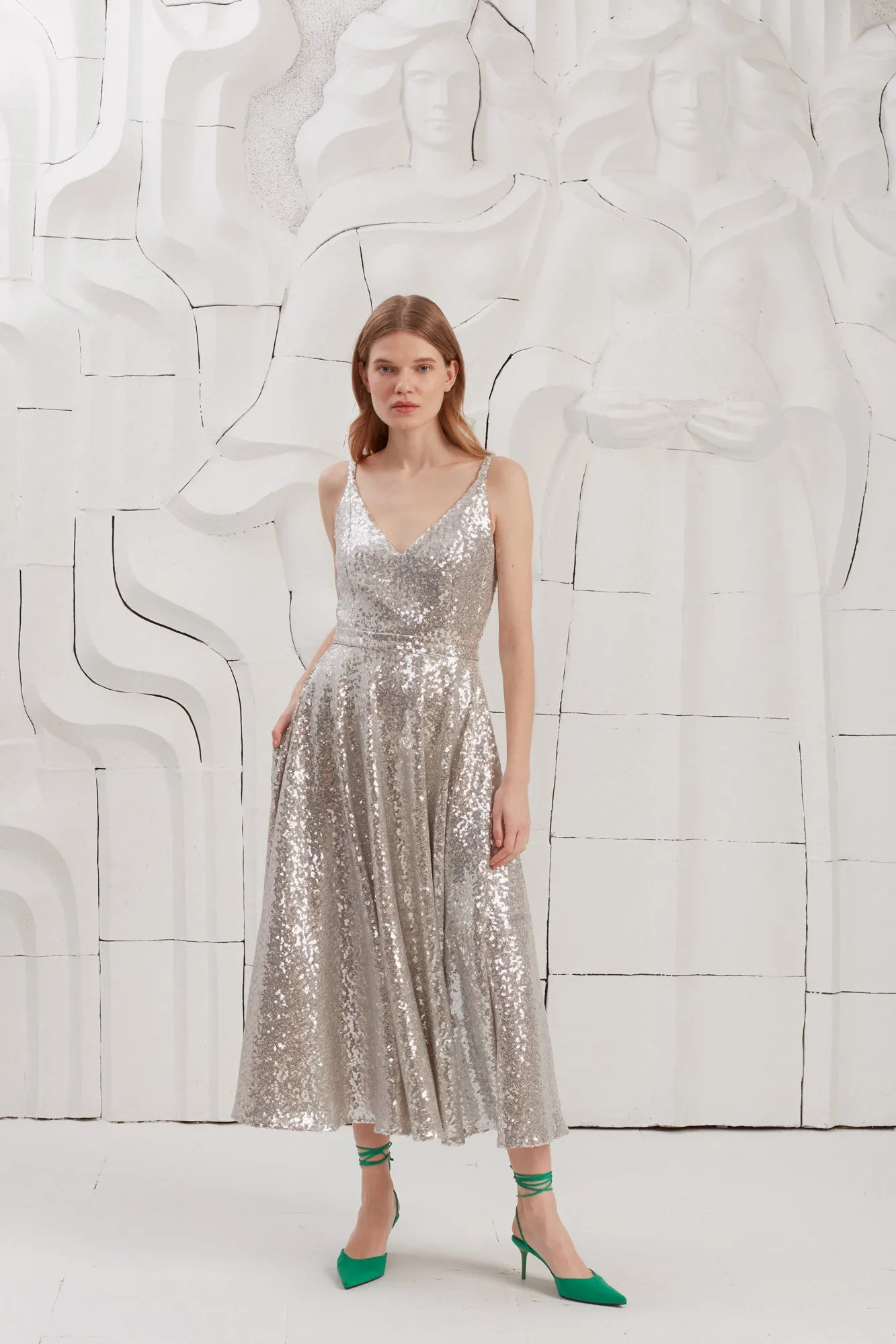 ADINA silver sequin midi dress