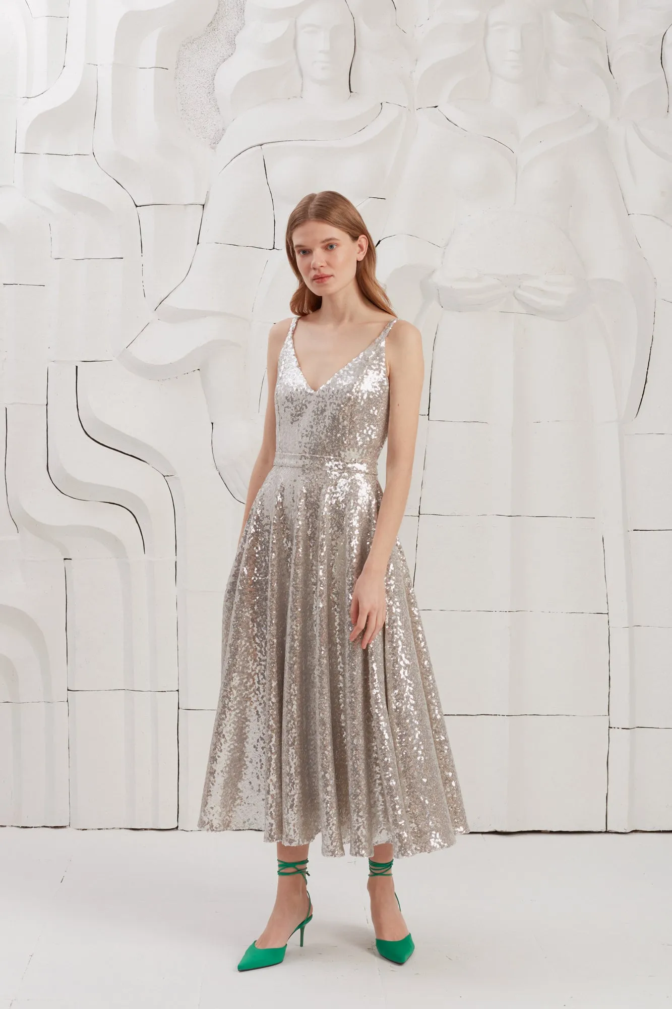 ADINA silver sequin midi dress