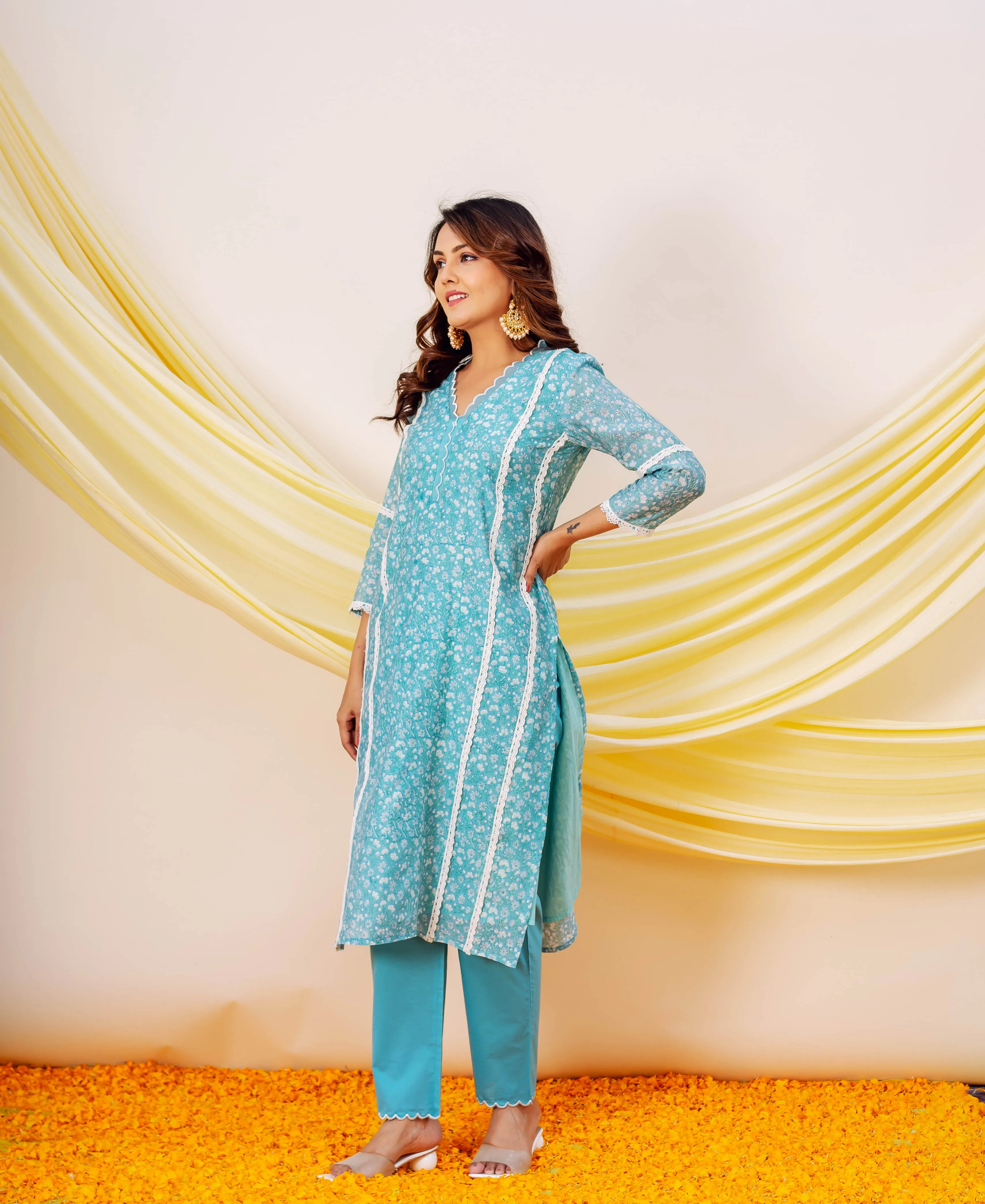 Amara Luxurious Blue Hand Block Printed Chanderi Kurta