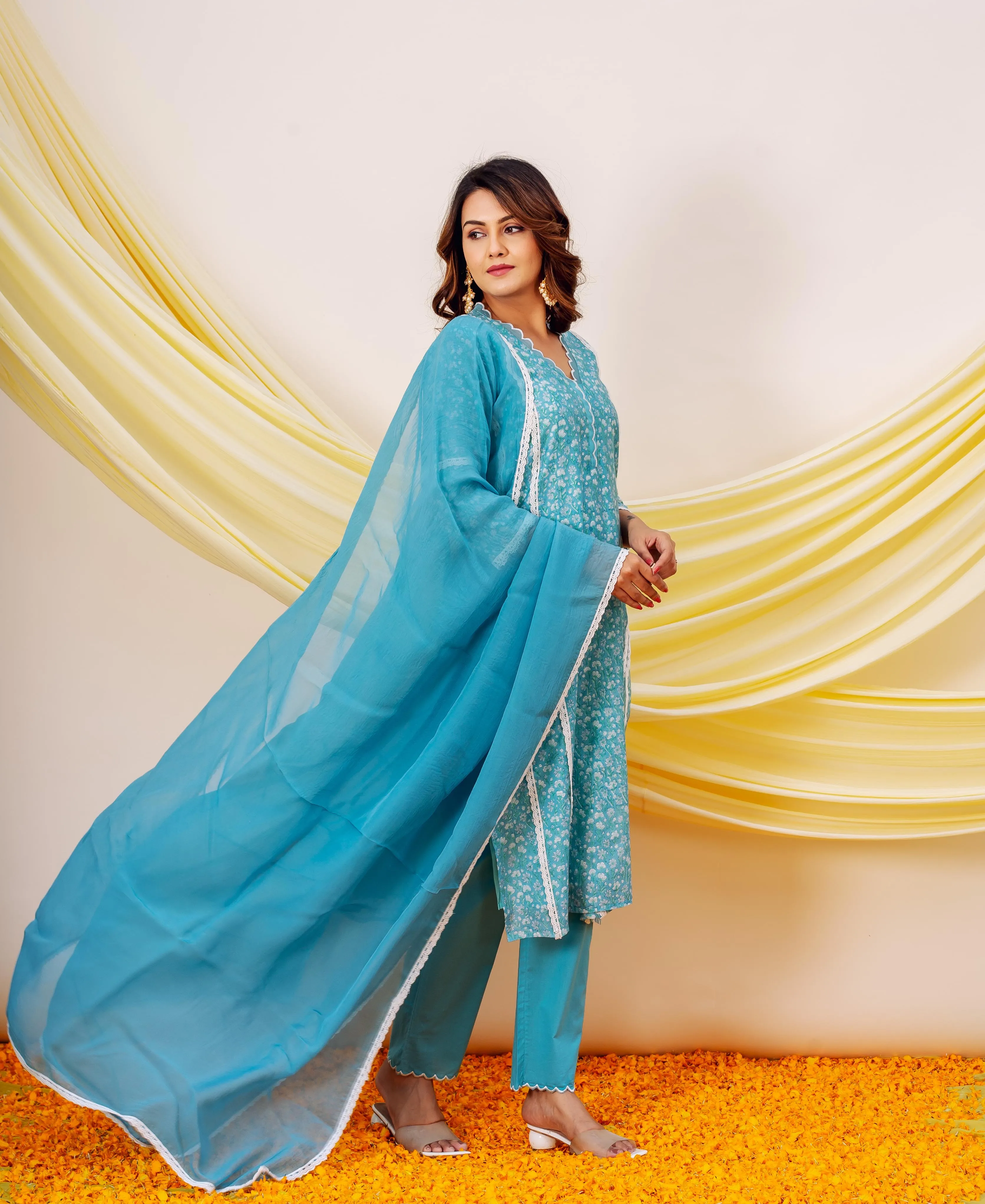 Amara Luxurious Blue Hand Block Printed Chanderi Kurta