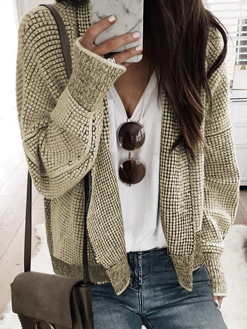 Apricot Plaid Contrast Trim Open Front Cardigan - Chic Casual Luster Shift Cut Sweater