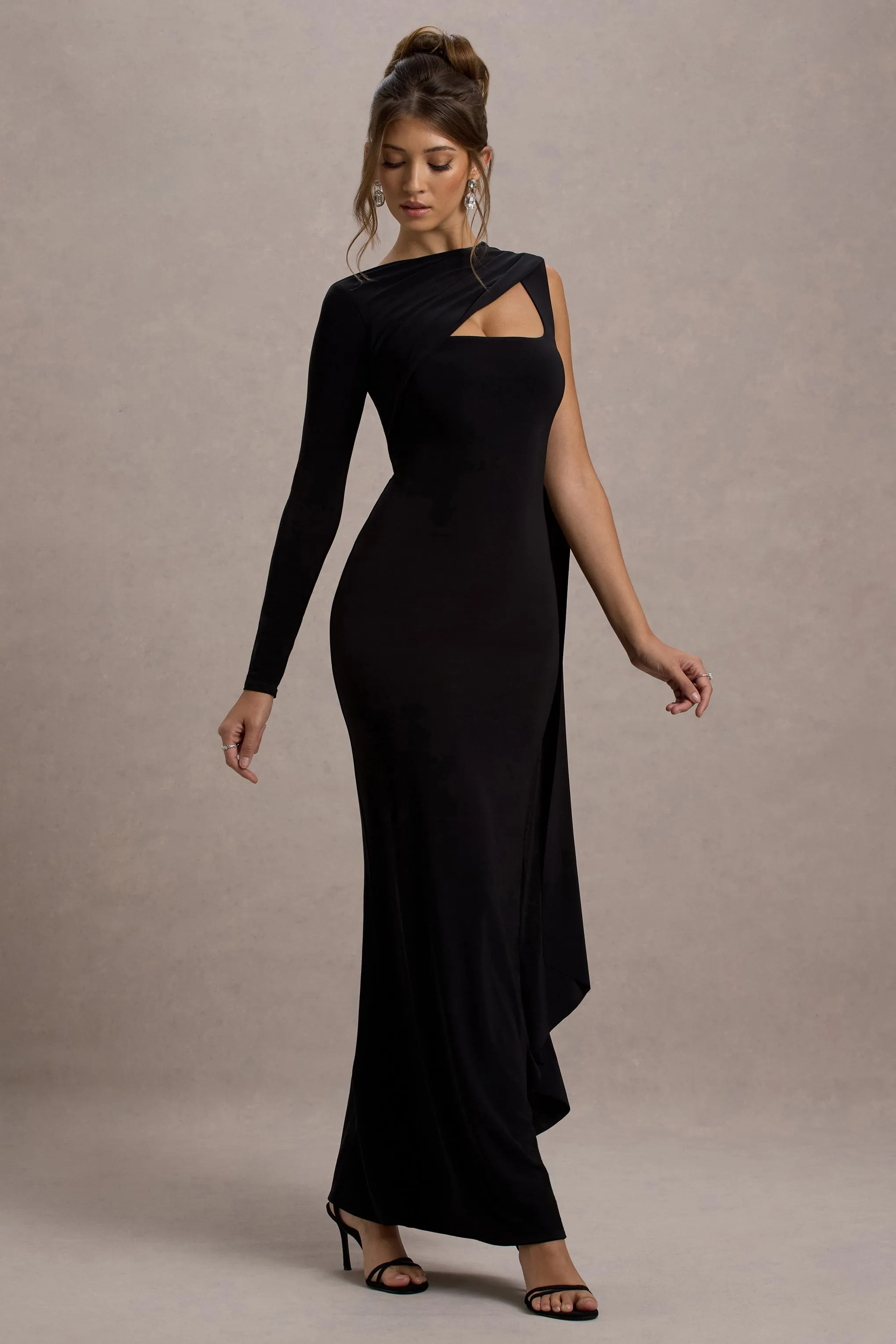 Ashini | Black One-Sleeve Maxi Dress With Cape