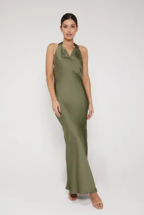 Aurora Cowl Halter Neck Slip Dress - Olive