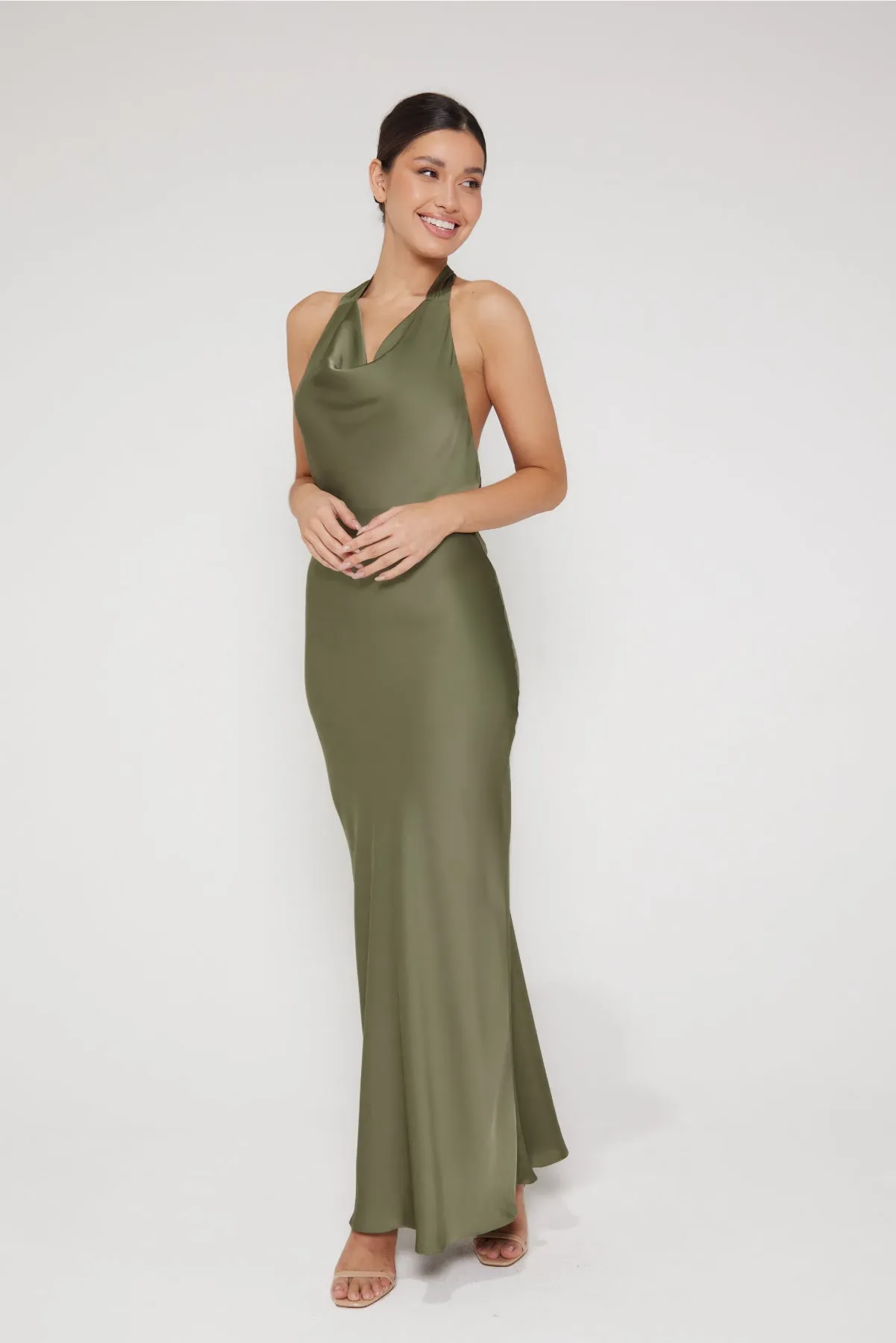 Aurora Cowl Halter Neck Slip Dress - Olive