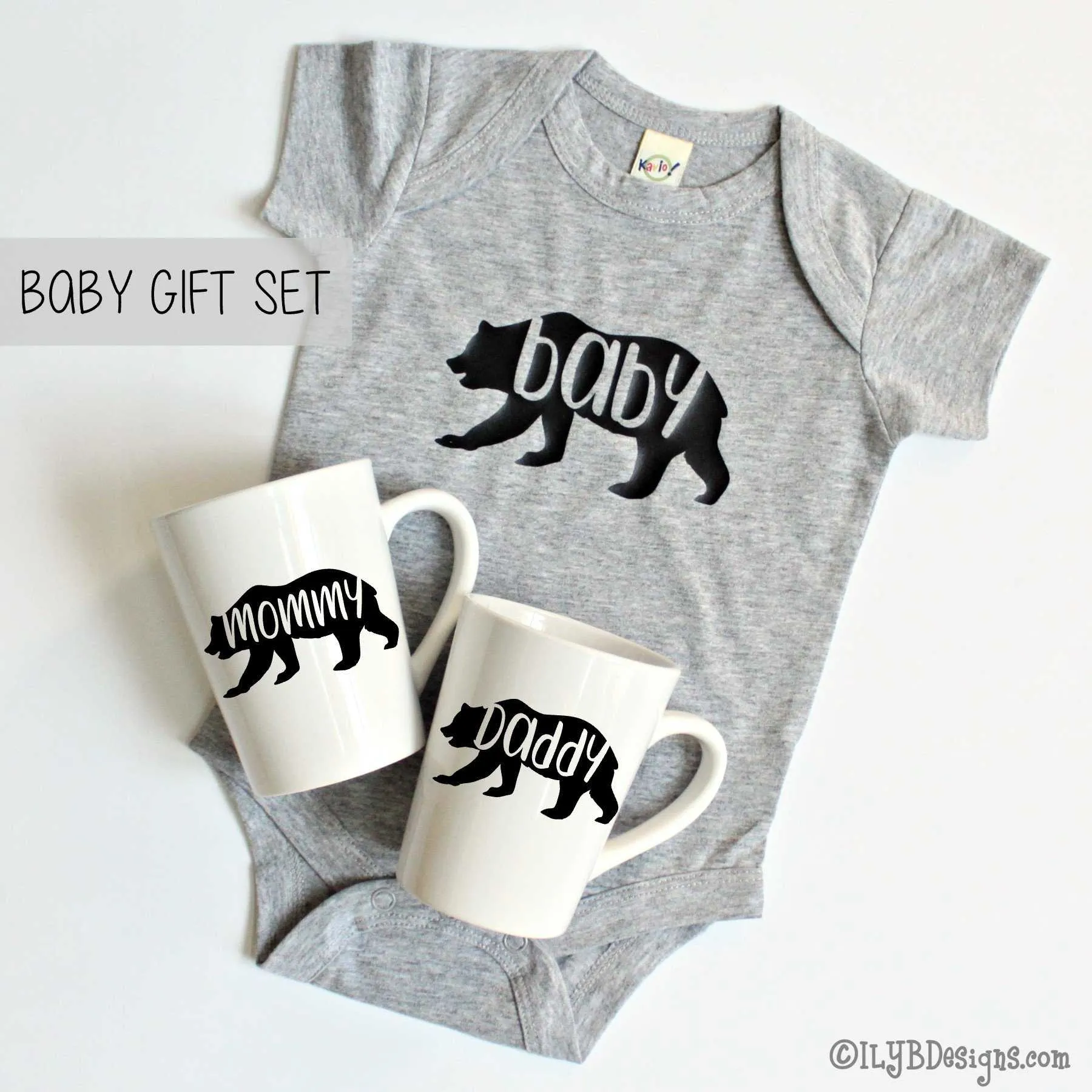 Baby Bear Baby Gift Set - Mommy Bear Daddy Bear Coffee Mugs - Baby Bear Bodysuit