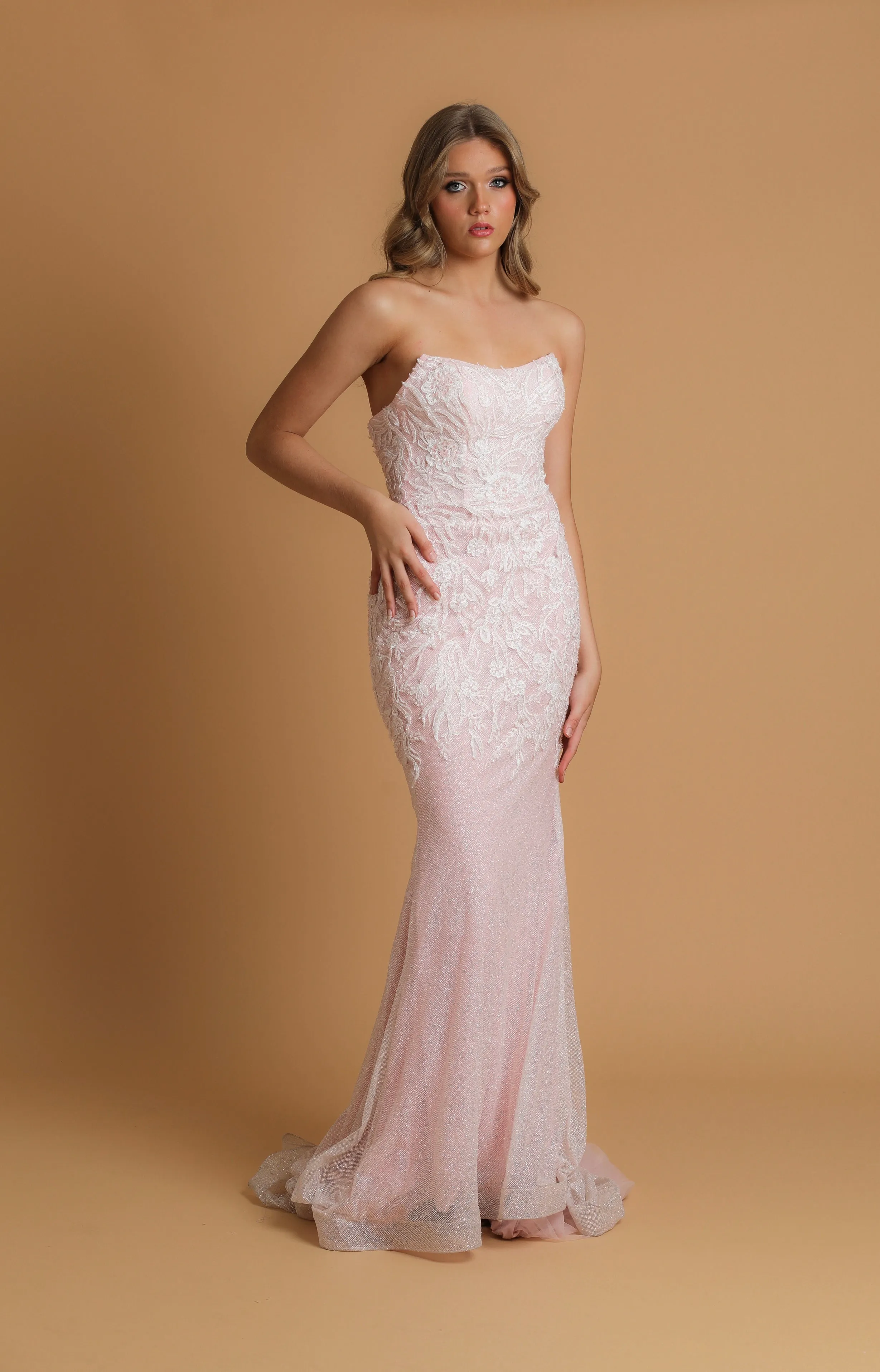 Baby pink sweet crescent neckline dress for hire