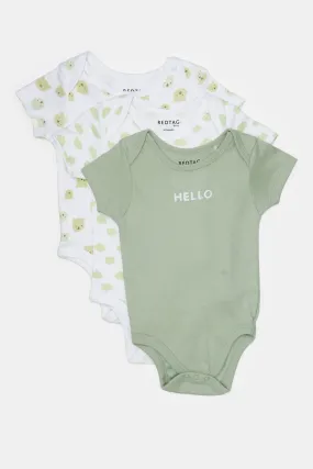 Baby White And Green Printed Bodysuit Set (Pack Of 3)