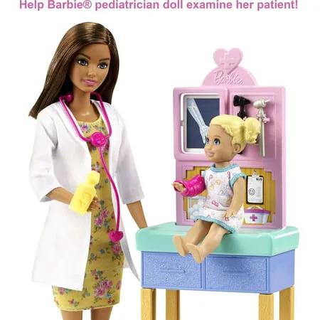 Barbie Career Pediatrician Playset, Brunette Doll, Exam Table, X-ray, Stethoscope, Patient Doll, Teddy Bear, Great Gift for Ages 3 Years and Up