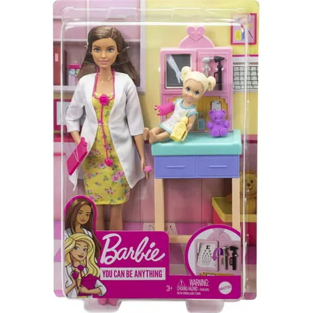 Barbie Career Pediatrician Playset, Brunette Doll, Exam Table, X-ray, Stethoscope, Patient Doll, Teddy Bear, Great Gift for Ages 3 Years and Up