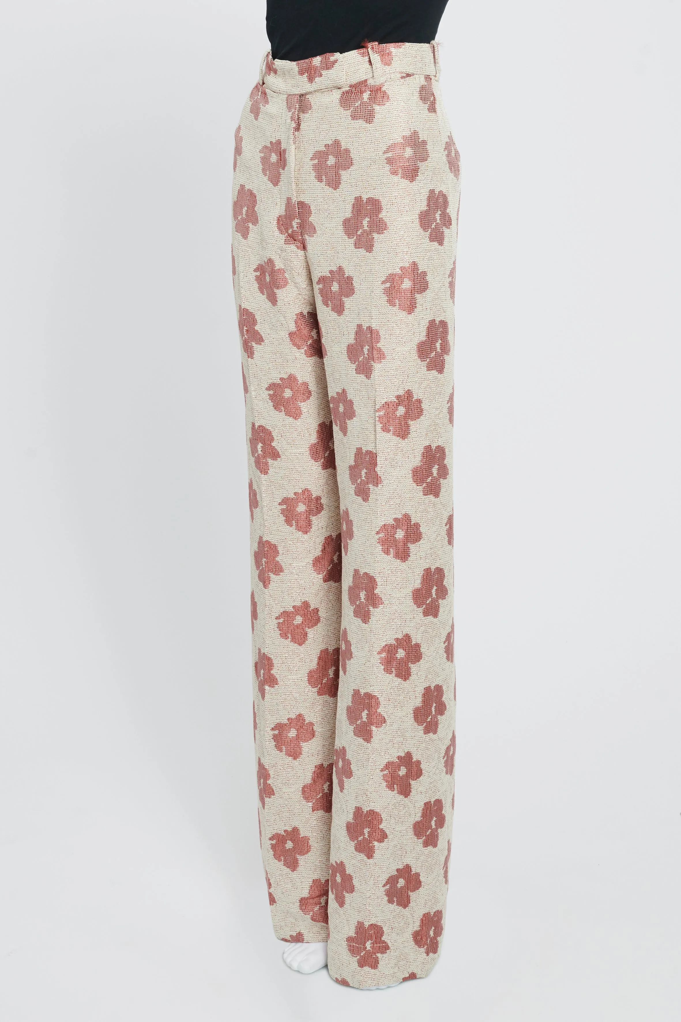 Beige Cotton Floral Carrie High-Waist Wide Leg Trousers