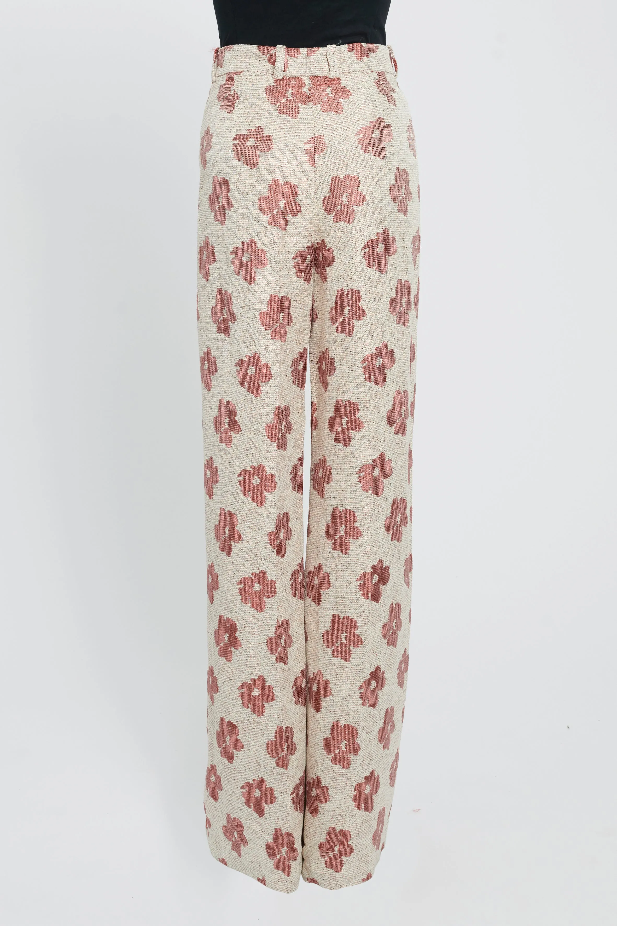 Beige Cotton Floral Carrie High-Waist Wide Leg Trousers