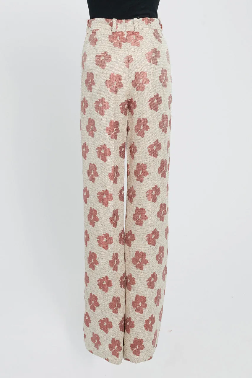 Beige Cotton Floral Carrie High-Waist Wide Leg Trousers