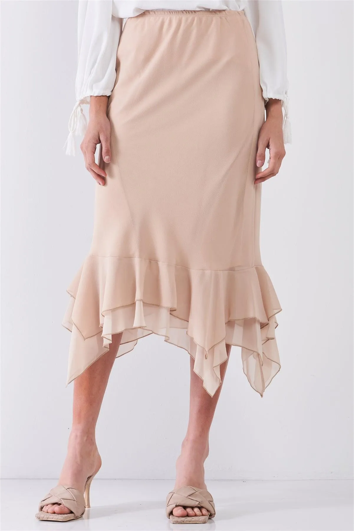 Beige High-Waisted Fitted Asymmetrical Flare Hem Midi Pencil Skirt