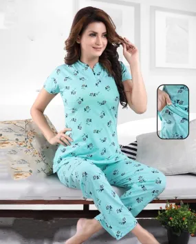 Belly Women's Cotton Printed Stylish Night Suit Set Blue