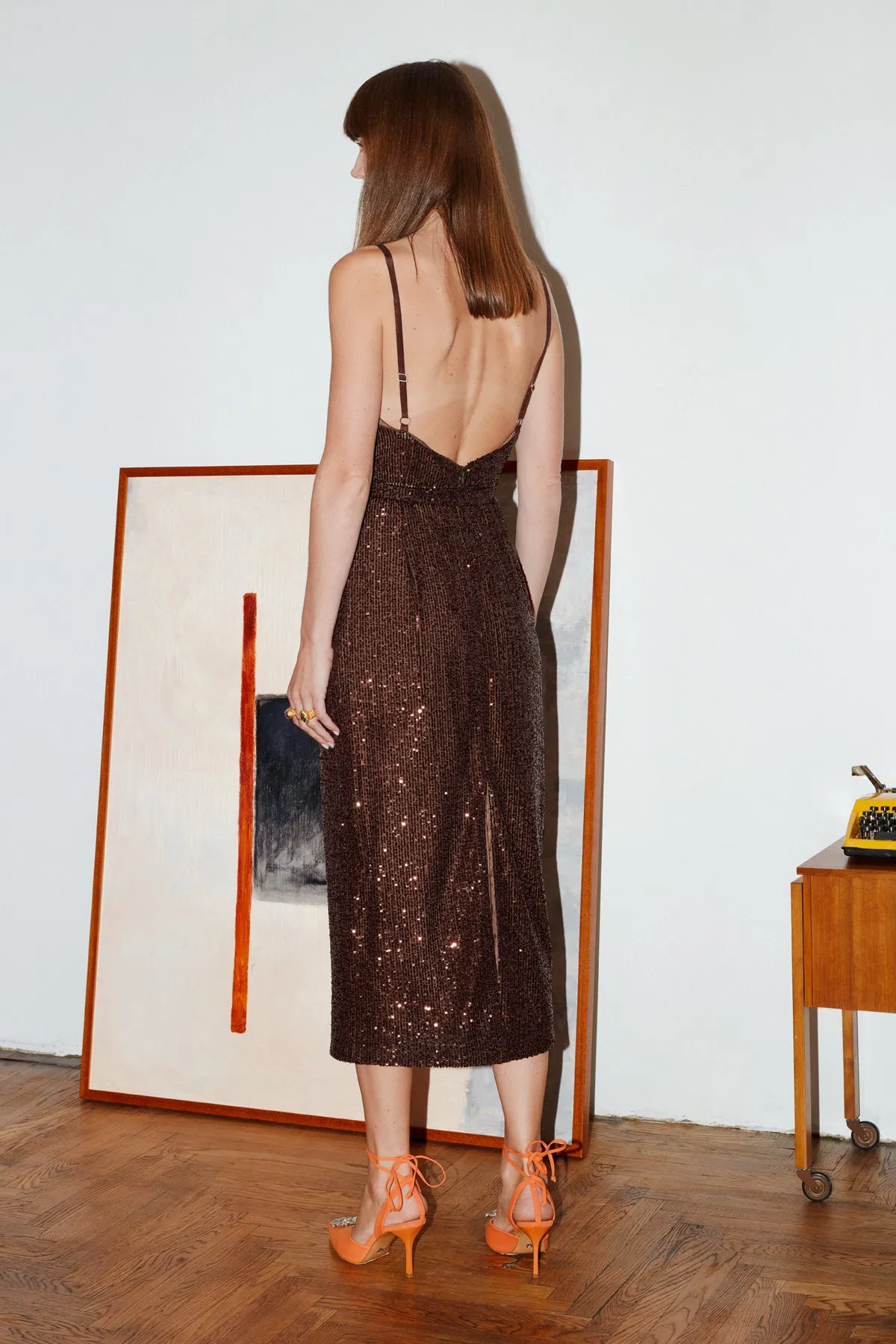 BERTA dark brown sequins midi dress