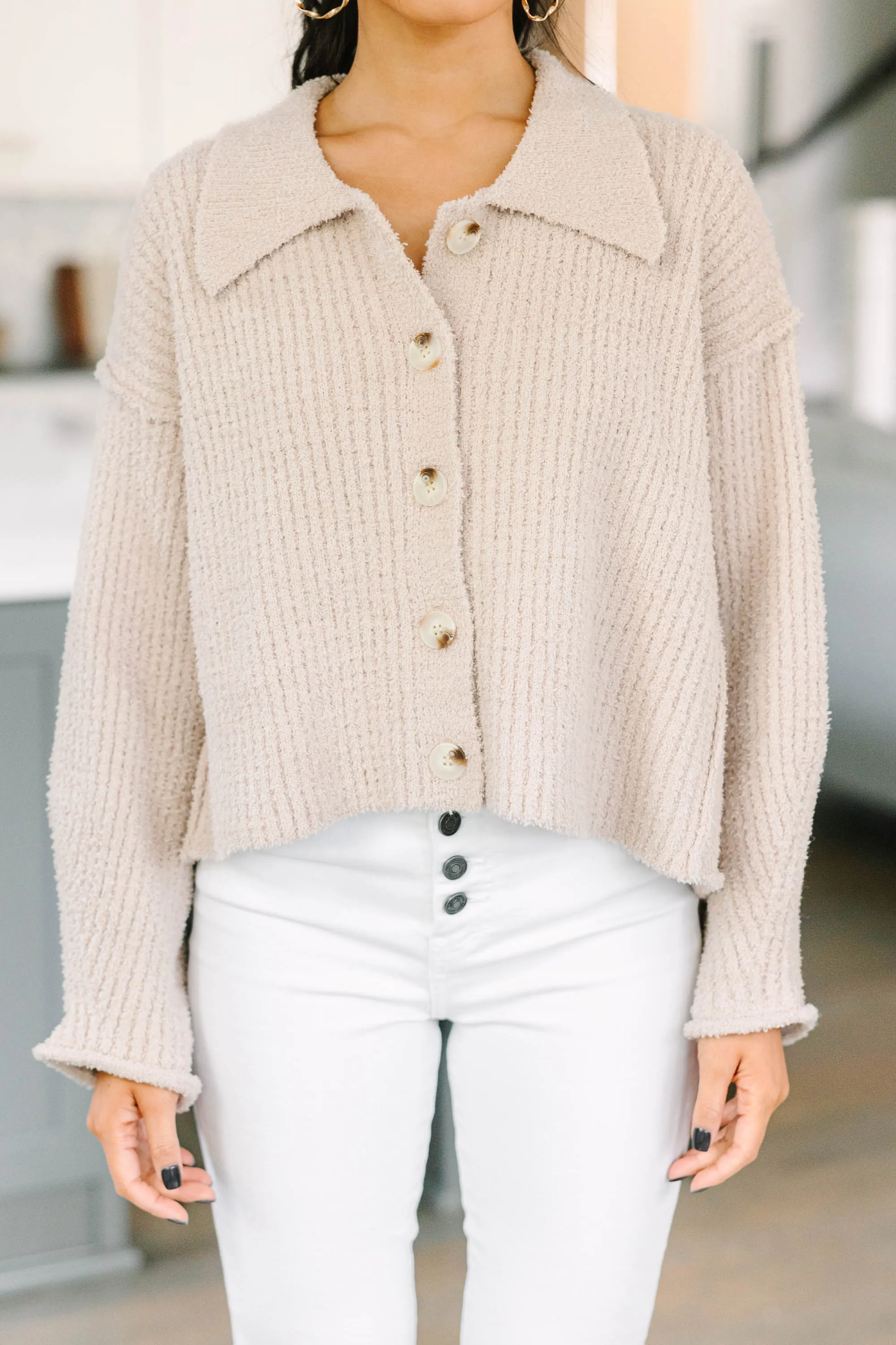 Better Than You Know Almond White Fuzzy Cardigan