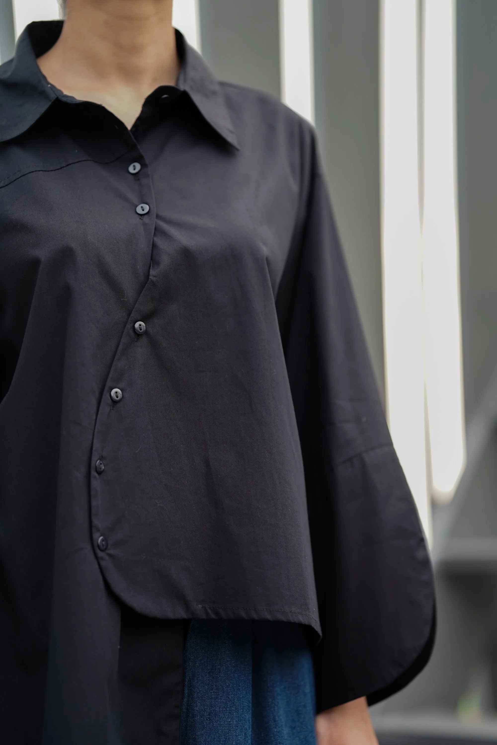 Black Asymmetrical Full-Sleeve Oversized Shirt