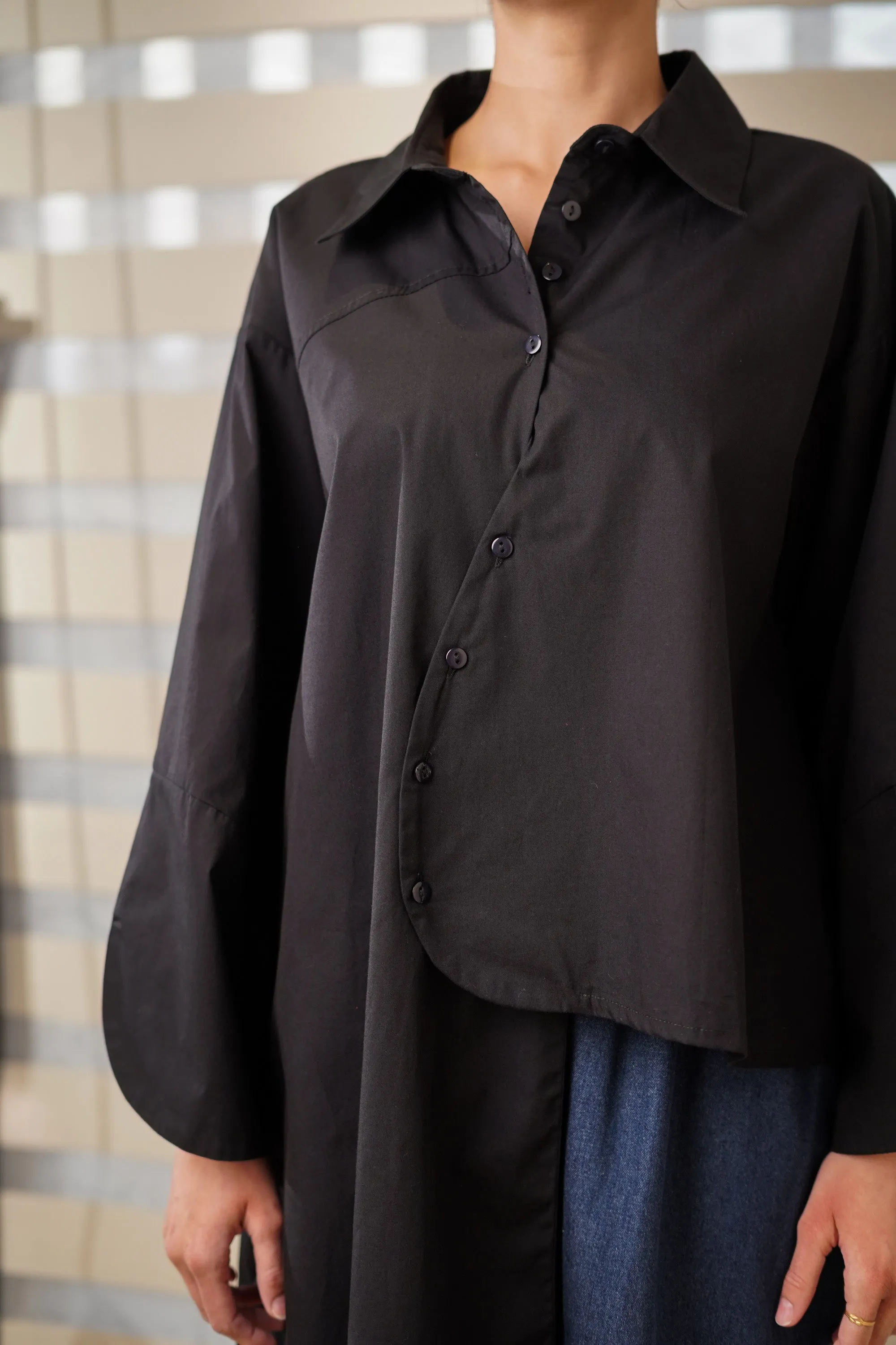 Black Asymmetrical Full-Sleeve Oversized Shirt