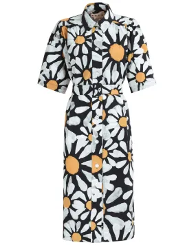 Black Daisy Print Belted Midi Dress