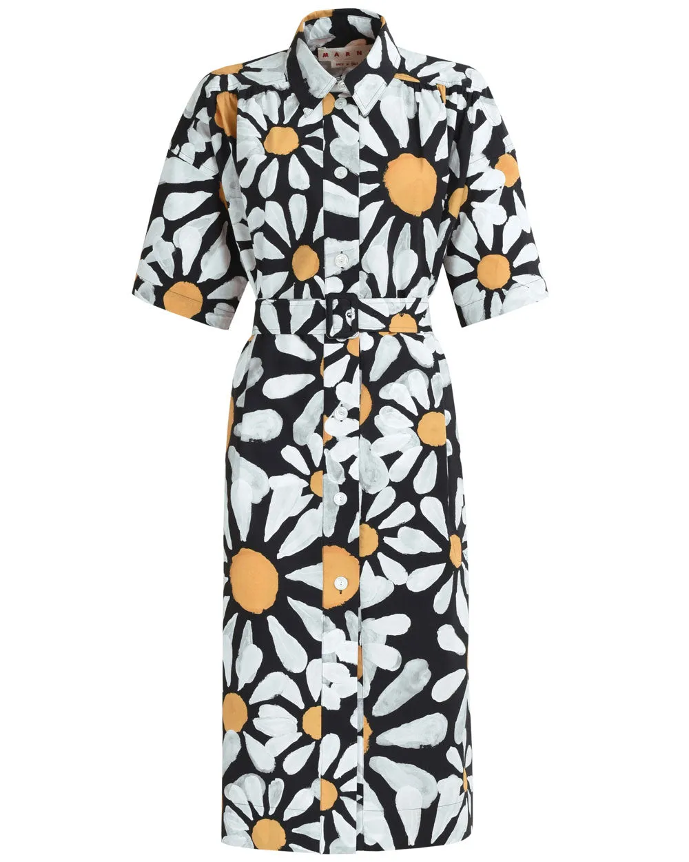 Black Daisy Print Belted Midi Dress