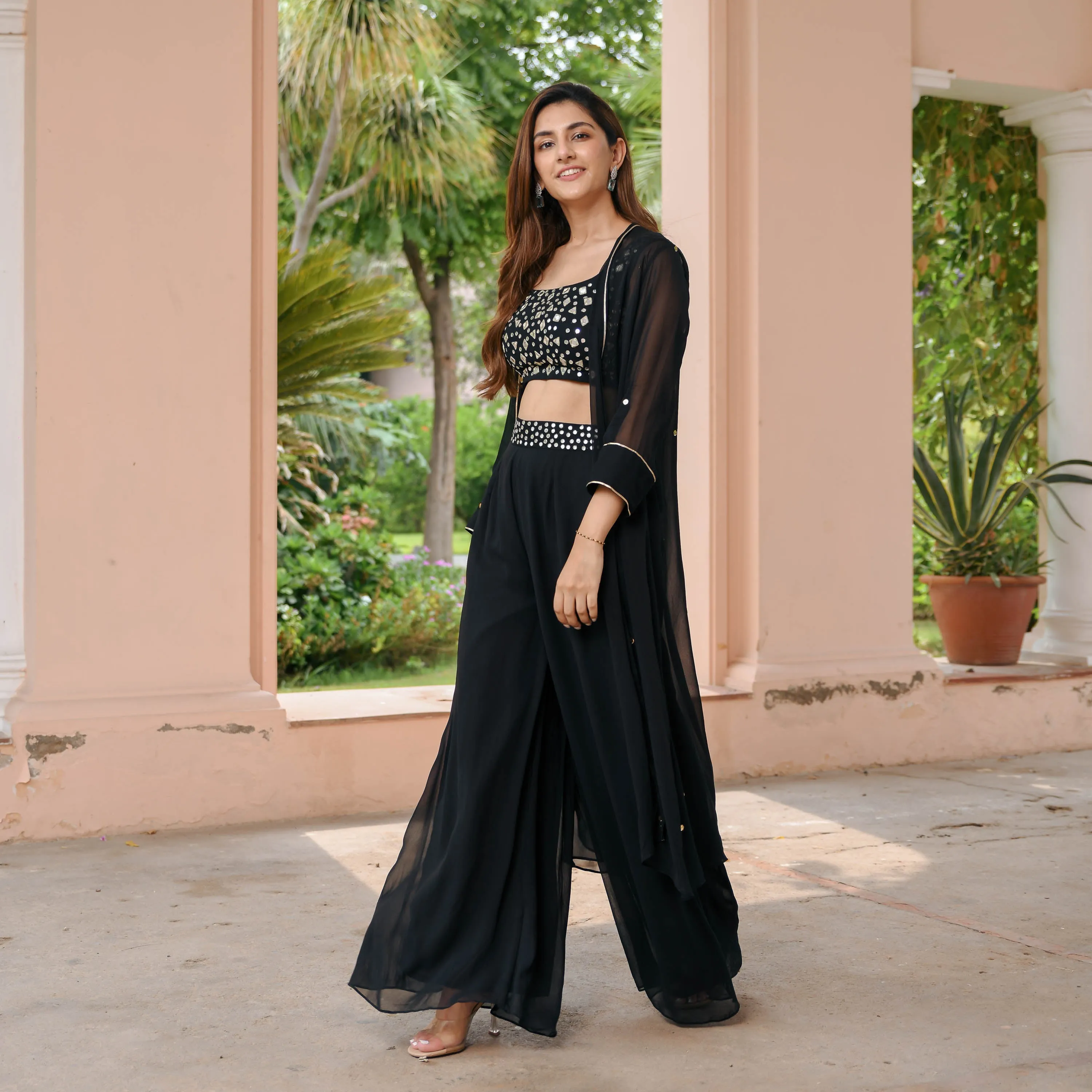 Black Georgette Cape Pants Set