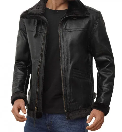 Black Leather B3 Bomber Jacket Mens