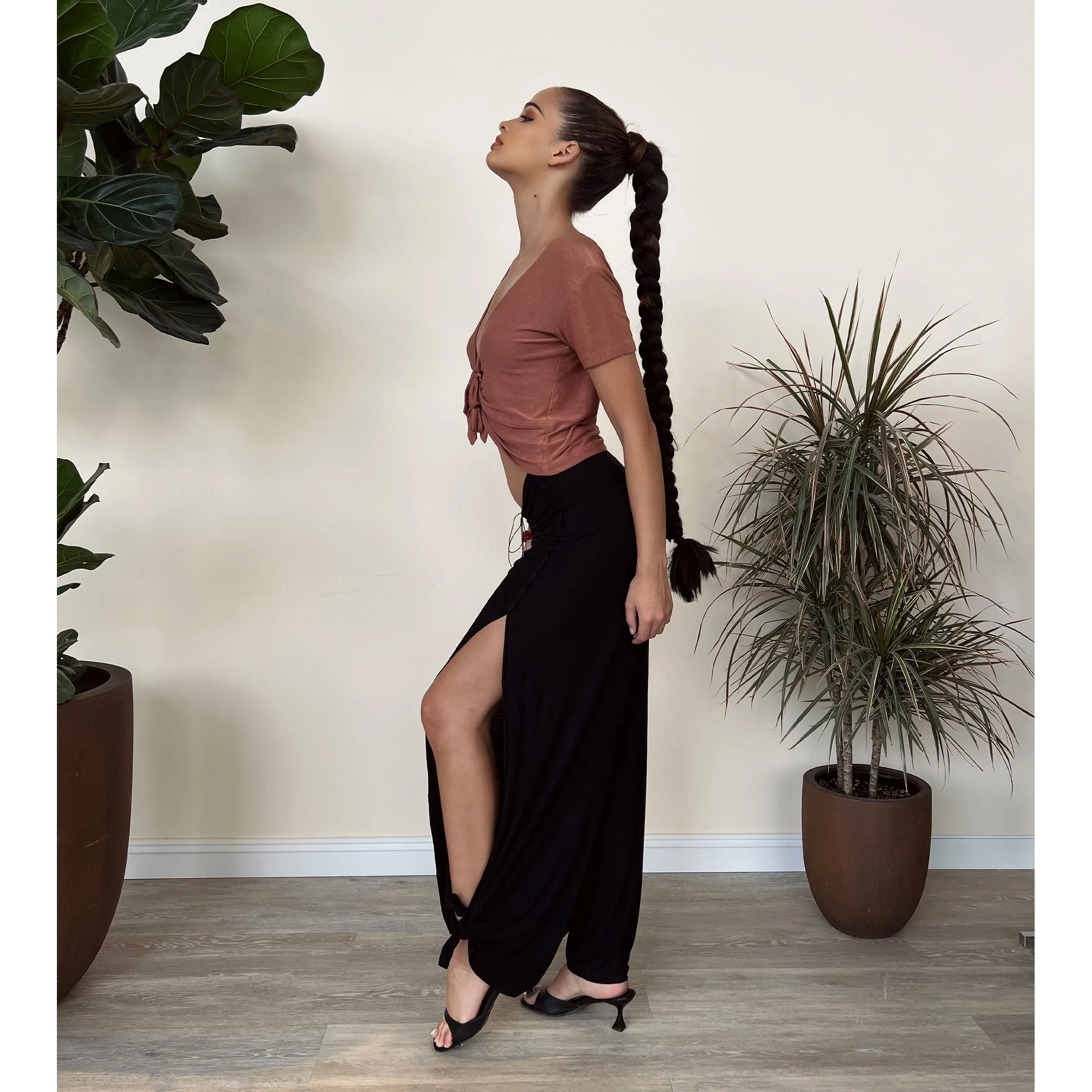 Black Modal Jersey Side Slit Pants