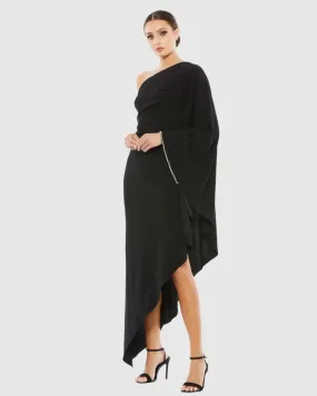 Black One Shoulder Asymmetrical Hem Flowy Dress