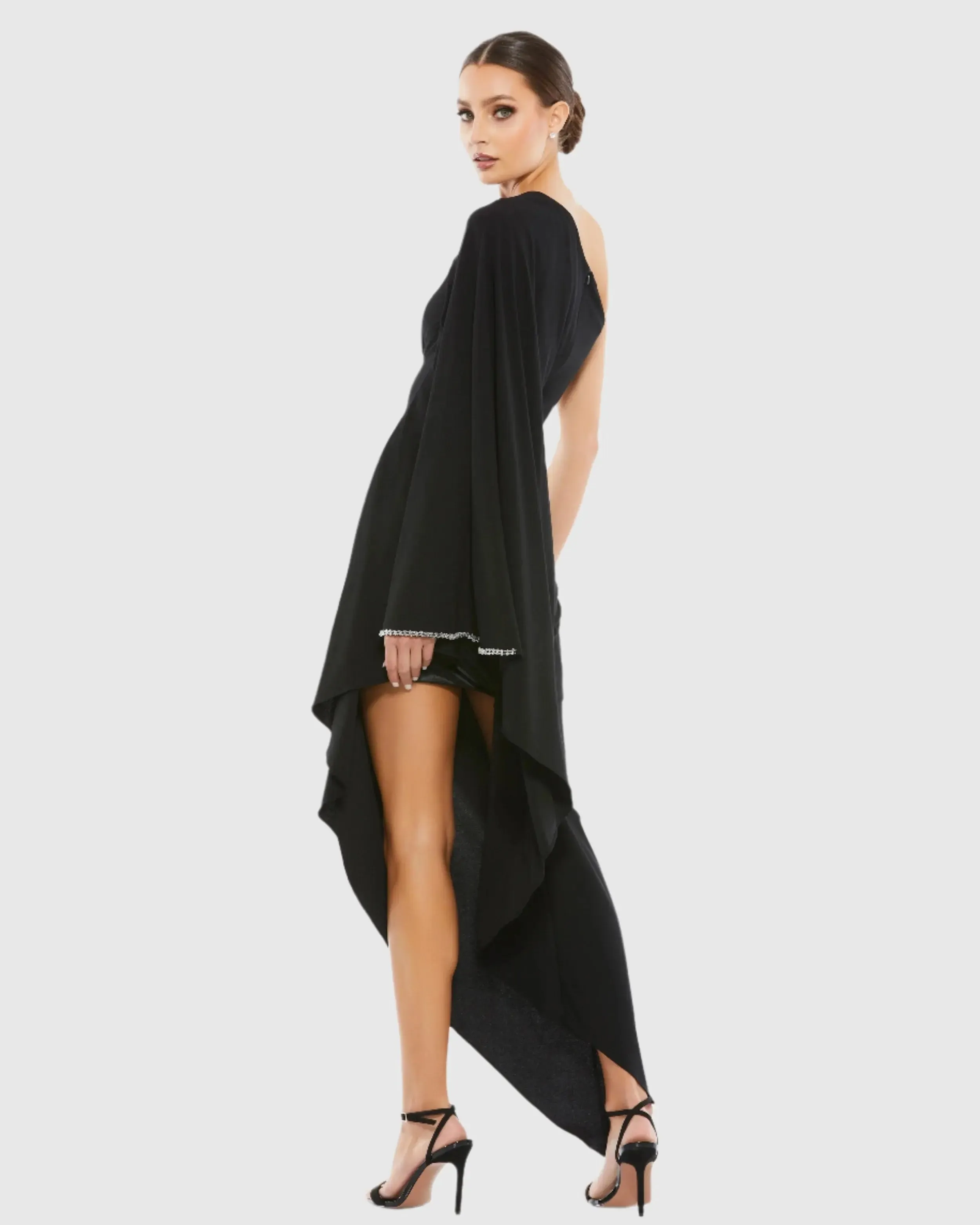 Black One Shoulder Asymmetrical Hem Flowy Dress