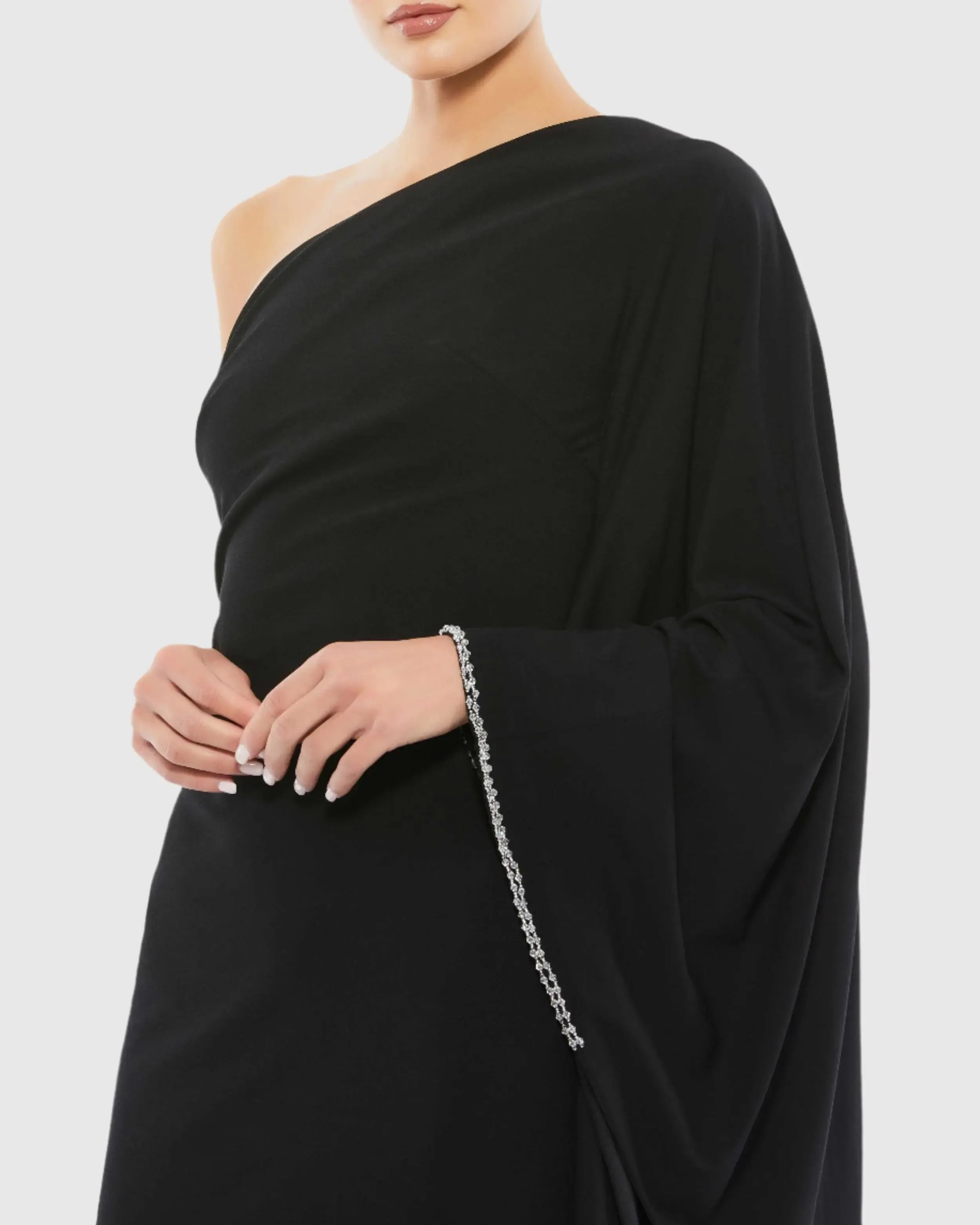 Black One Shoulder Asymmetrical Hem Flowy Dress