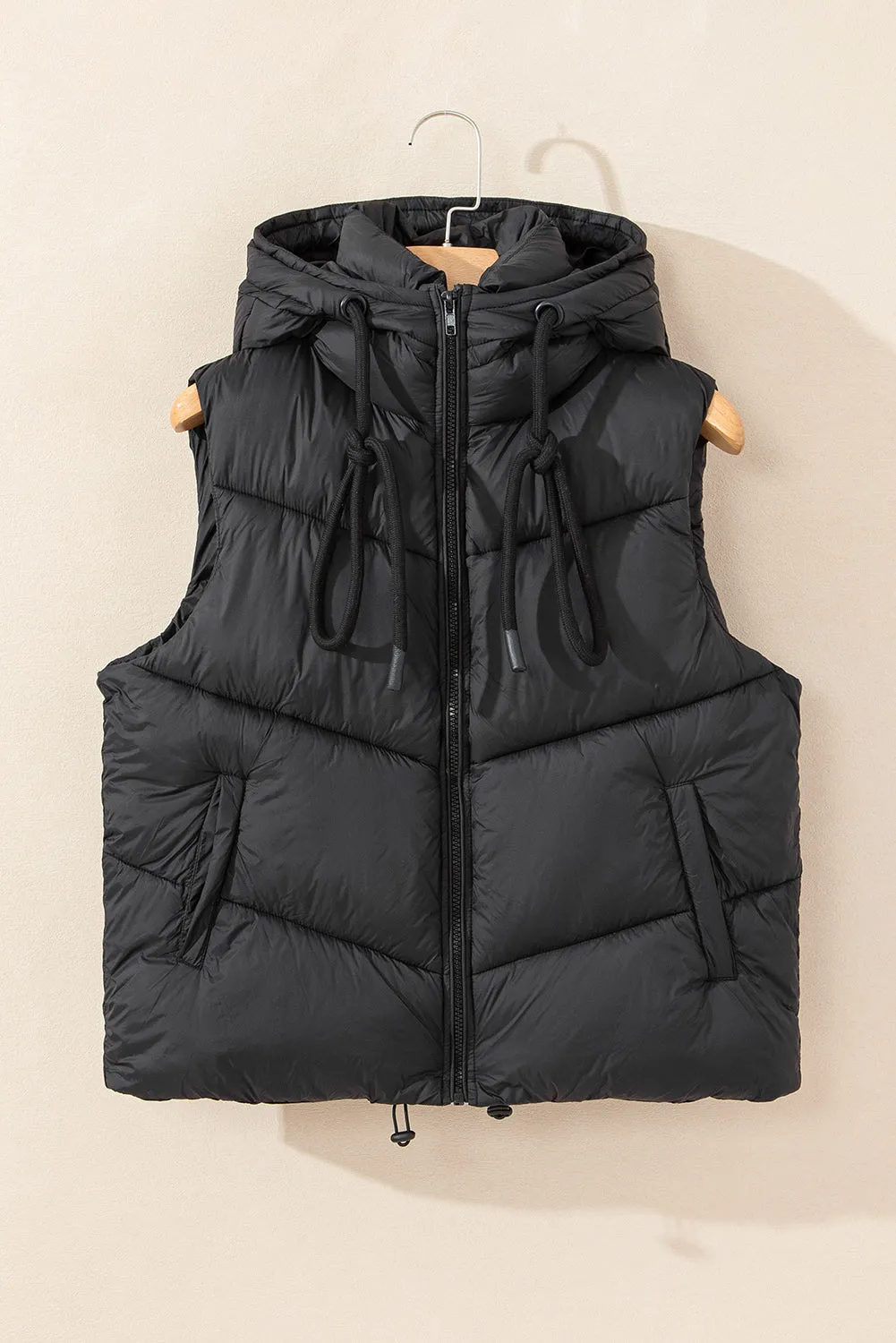 Black Sleek Quilted Puffer Hooded Vest Coat