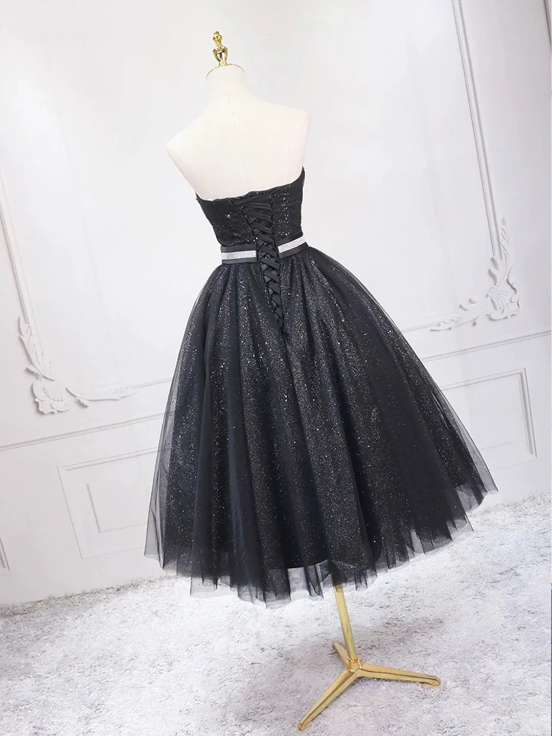 Black Strapless Tulle Knee Length Prom Dress, Black A-Line Sweetheart Party Dress