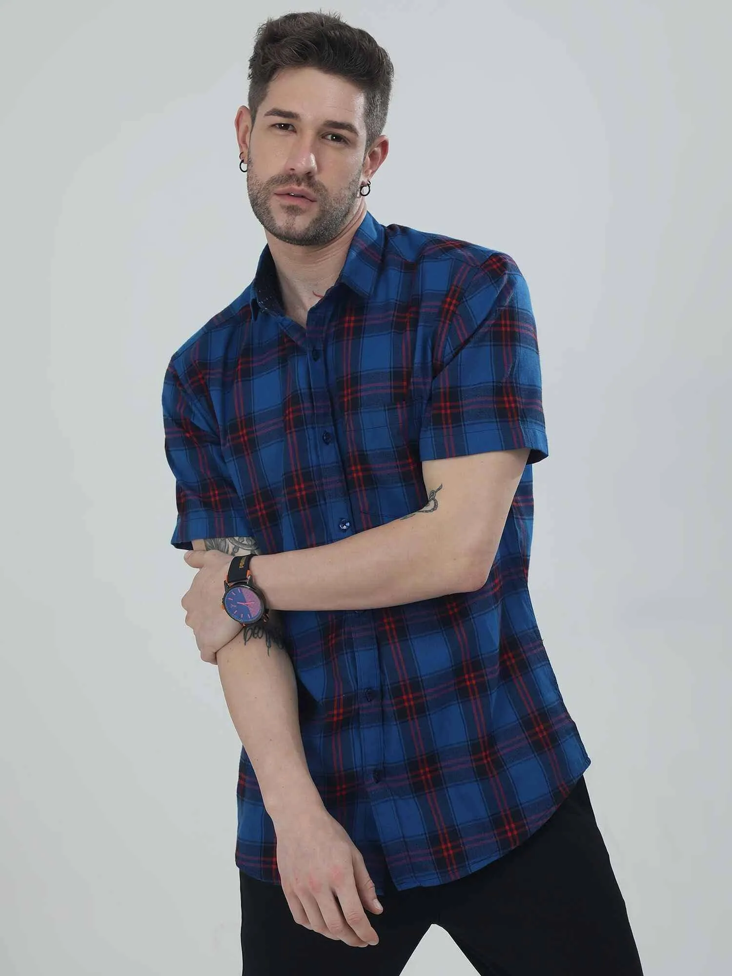 Blue Checkered Half Shirt