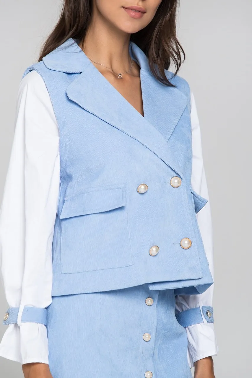 Blue Chord and White Sleeves Blazer and Skirt Set