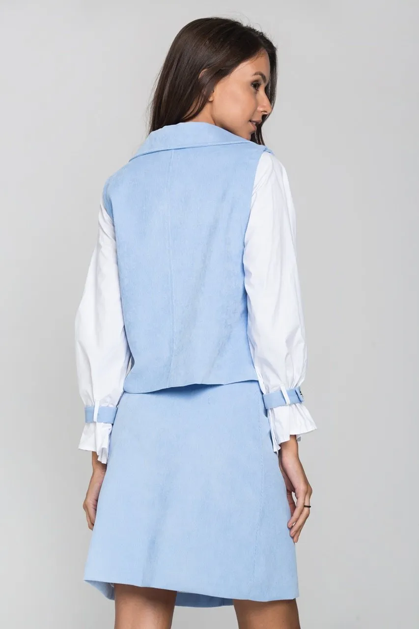 Blue Chord and White Sleeves Blazer and Skirt Set